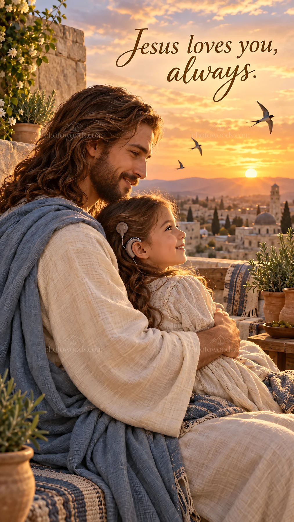 Jesus Christ sharing love with a child at sunset - AI-generated stock image