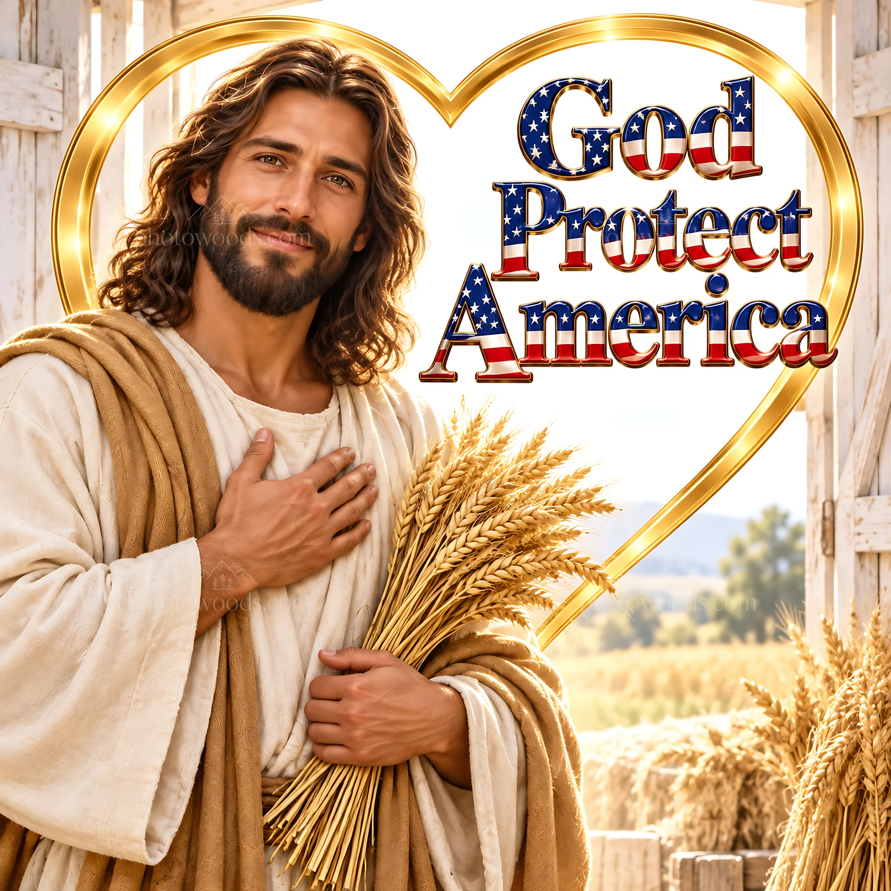 Jesus Christ holding wheat and offering blessings to America - AI-generated stock image