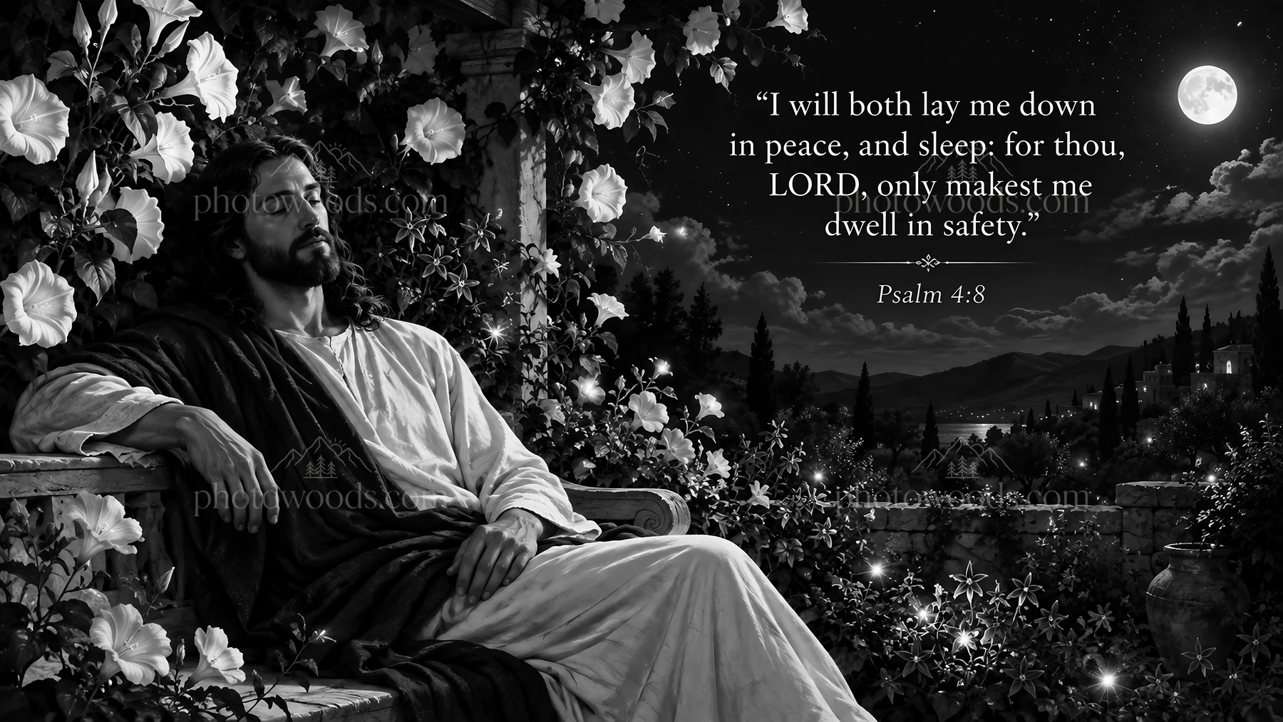 Jesus Christ in a garden comforting in the night - AI-generated stock image