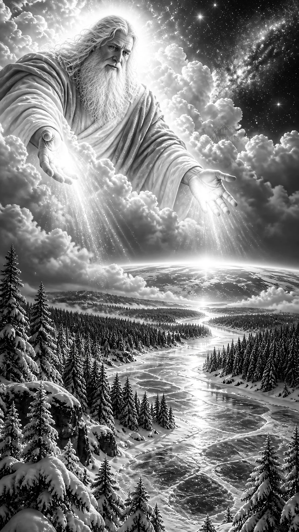 Jesus Christ extends hands in a snowy landscape - AI-generated stock image
