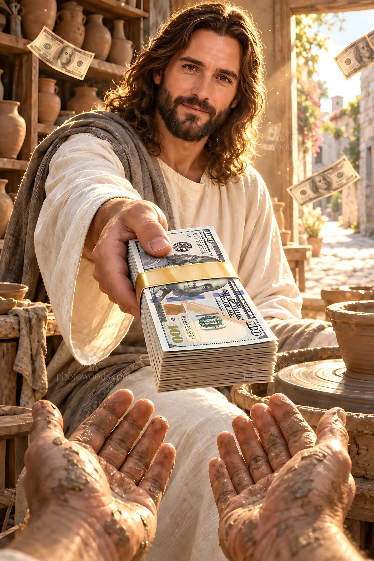 Man hands cash in pottery workshop setting - AI-generated stock image