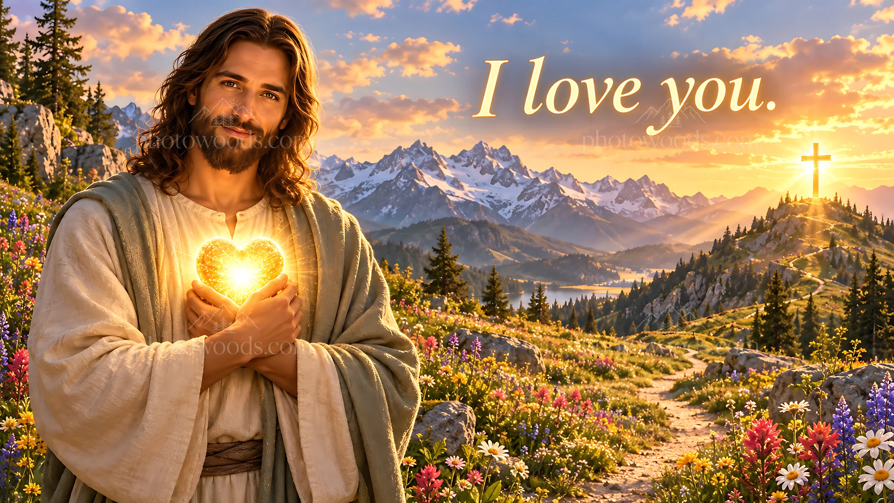 Love in the Alpine Meadow with a heart and a cross - AI-generated stock image