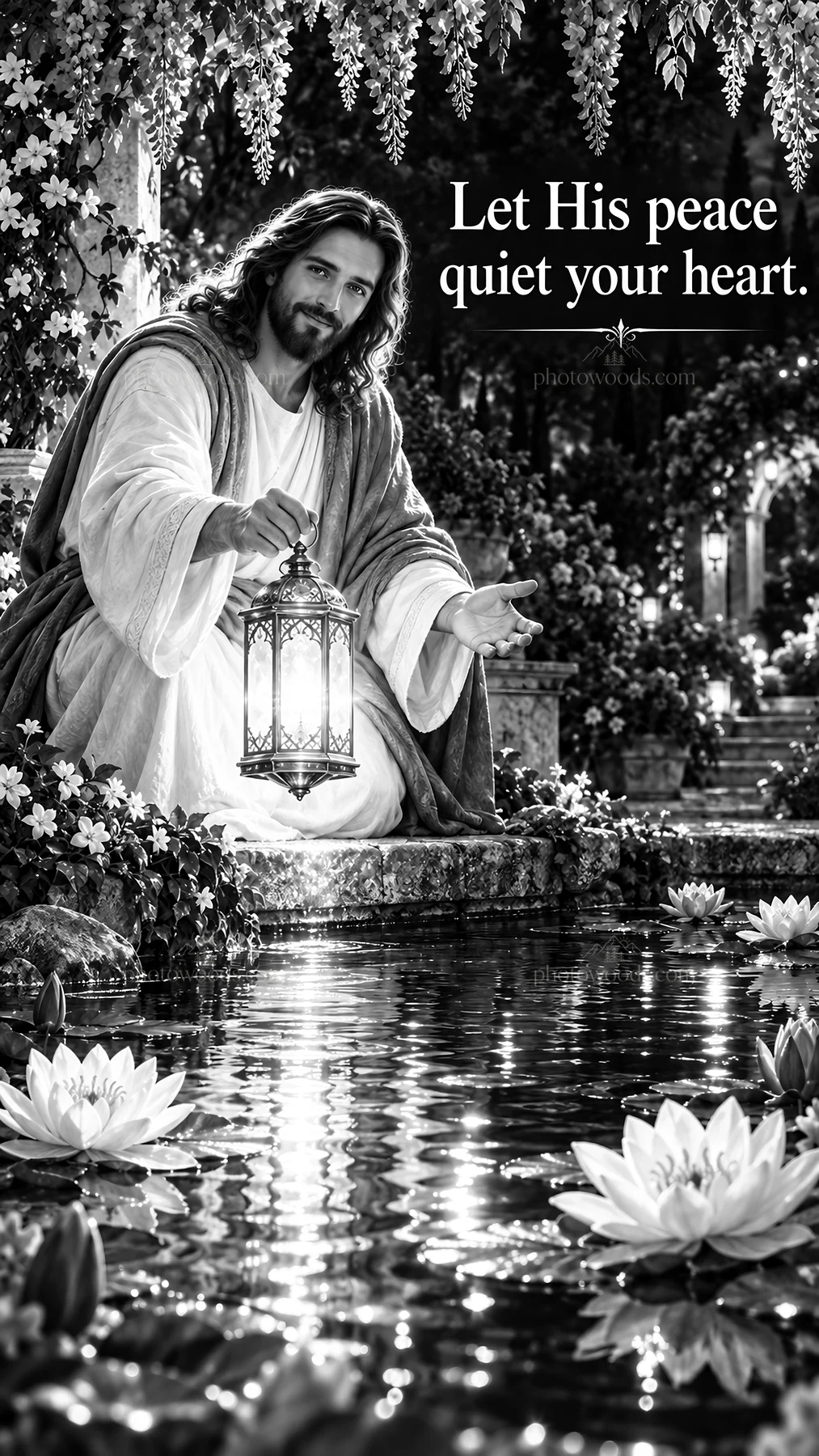 Jesus Christ offering peace beside a tranquil pond - AI-generated stock image