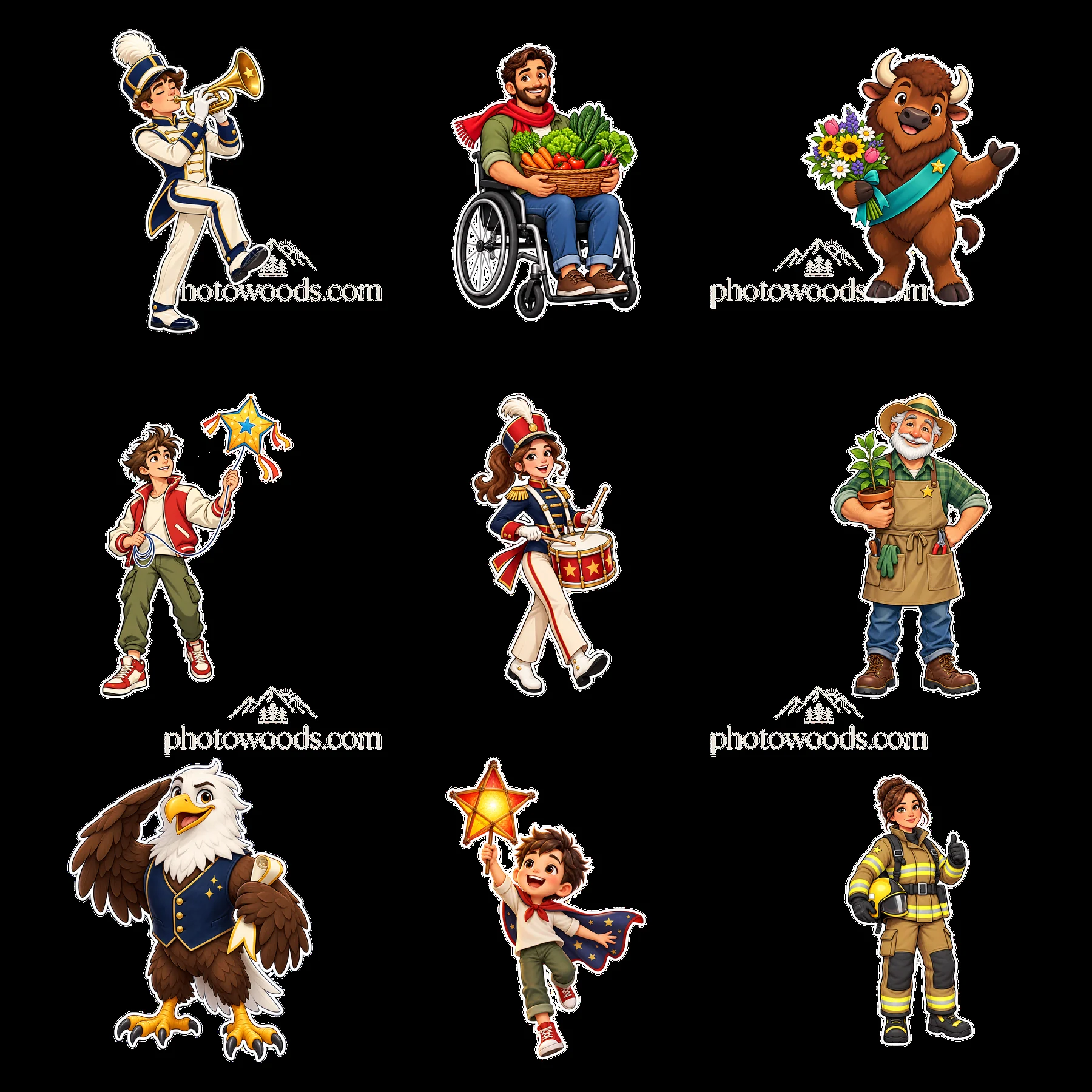 Colorful cartoon characters celebrating patriotism in a 3x3 grid - AI-generated stock image