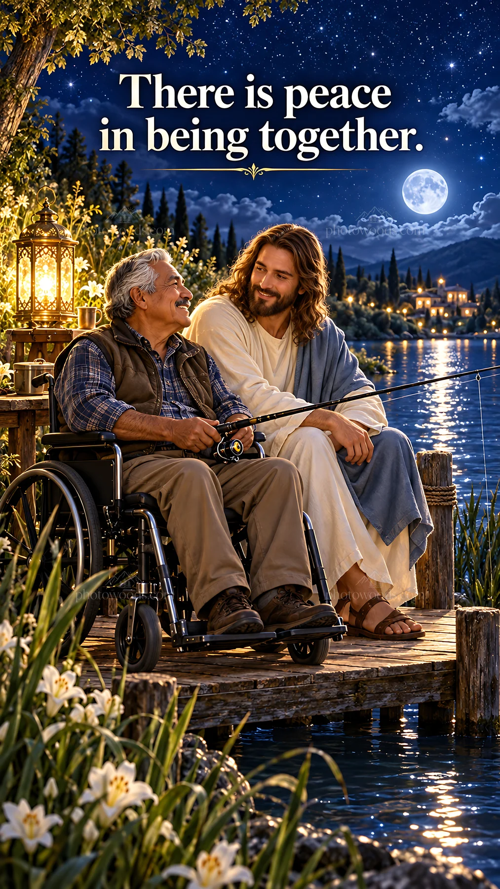 Jesus Christ sharing a moment by the lakeside - AI-generated stock image