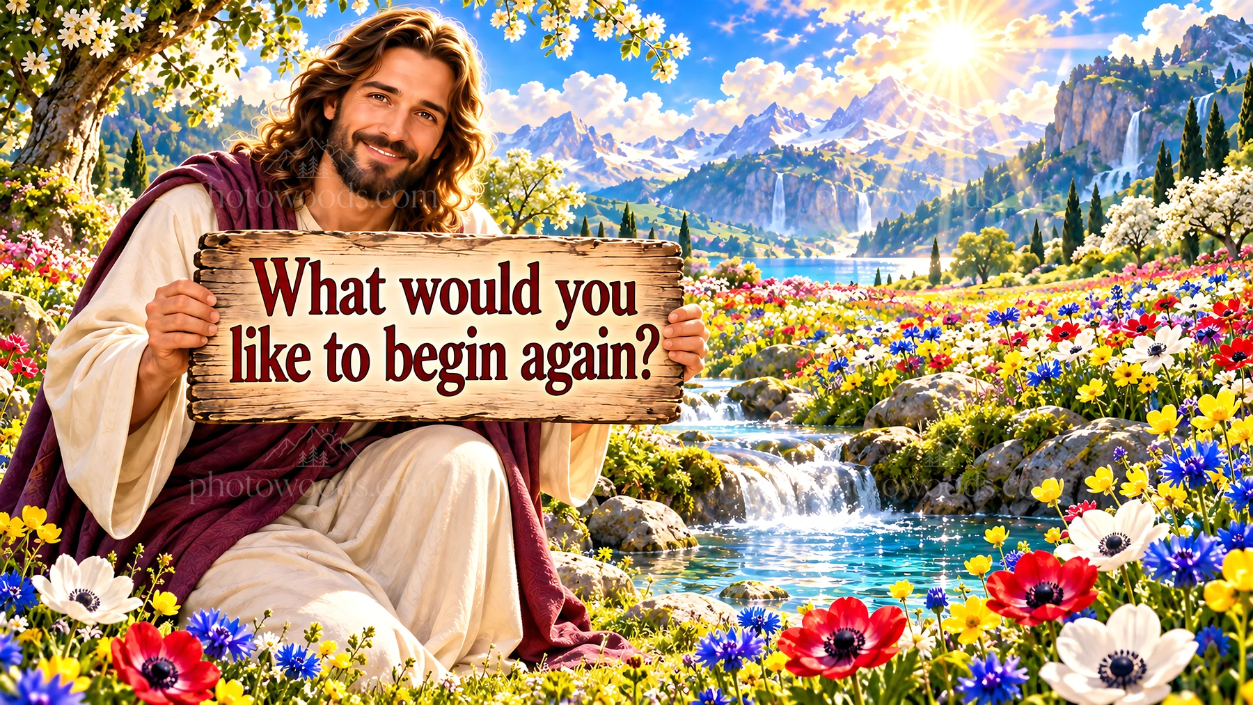 Jesus Christ welcoming with a sign asking what to begin again - AI-generated stock image