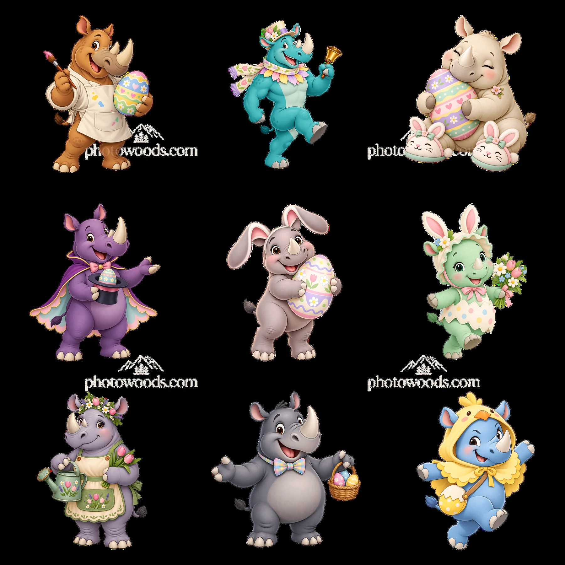 Easter rhinoceros characters with pastel eggs and festive attire - AI-generated stock image