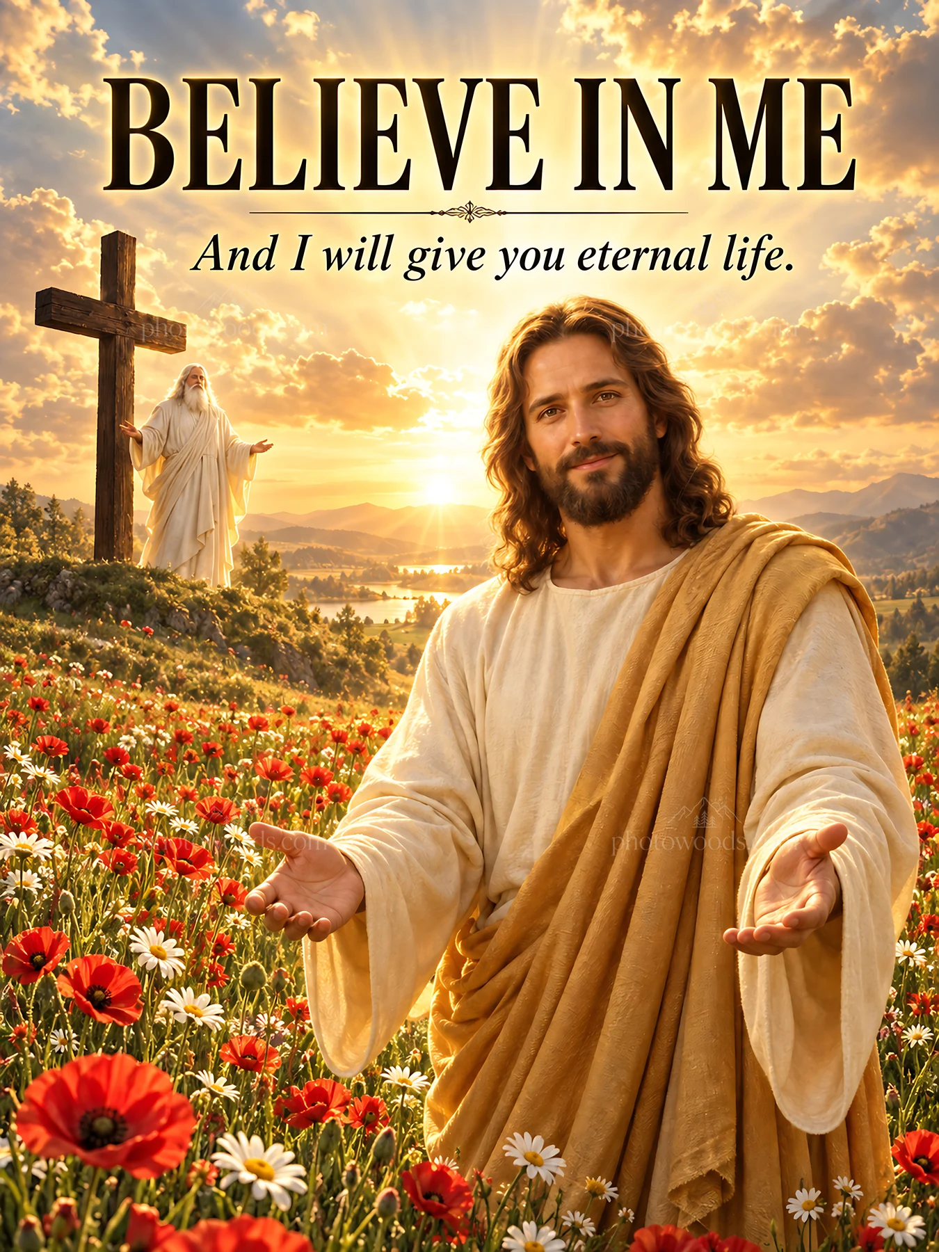 Jesus Christ inviting with open arms in a field of flowers - AI-generated stock image