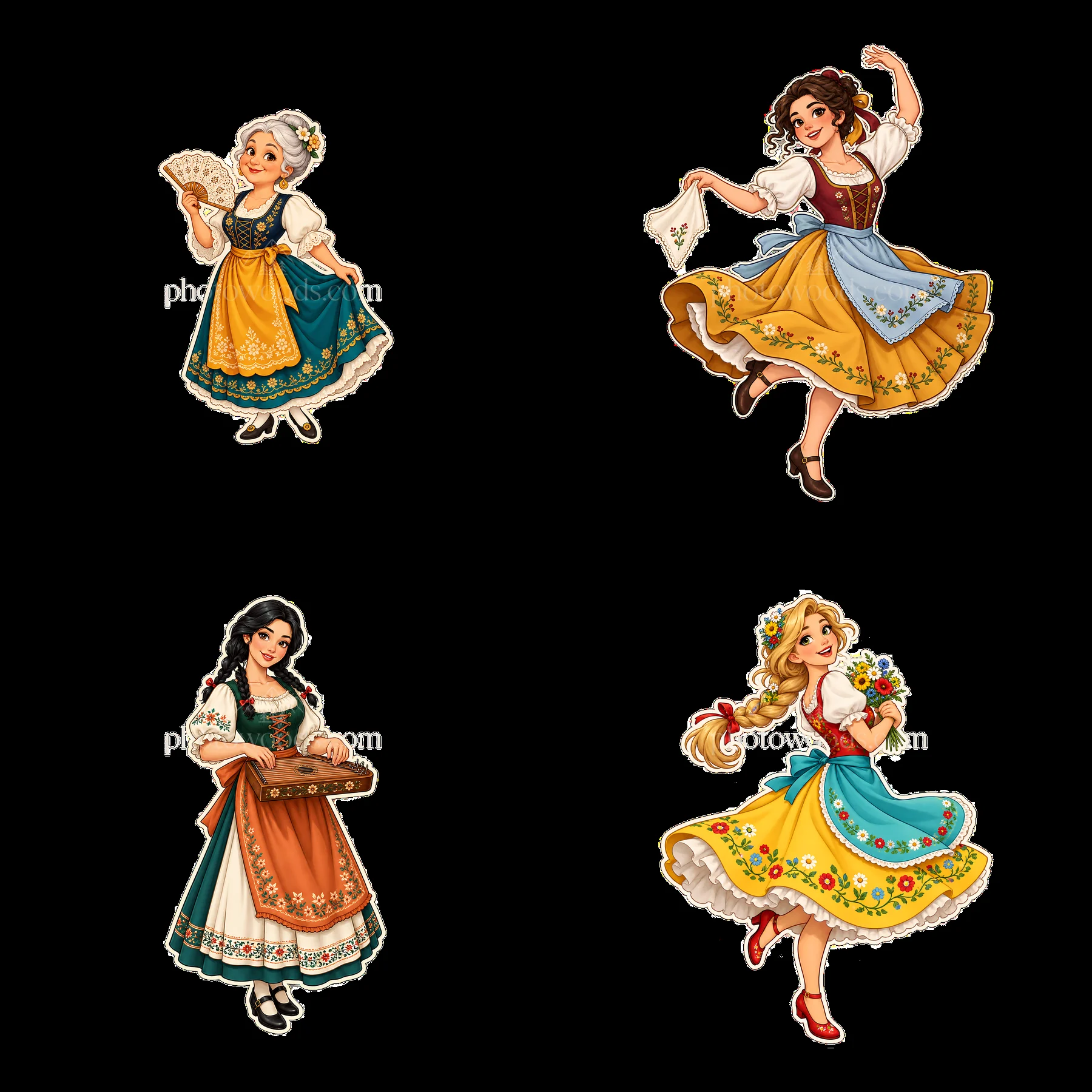 Women in traditional folk dress with accessories in four-grid layout - AI-generated stock image