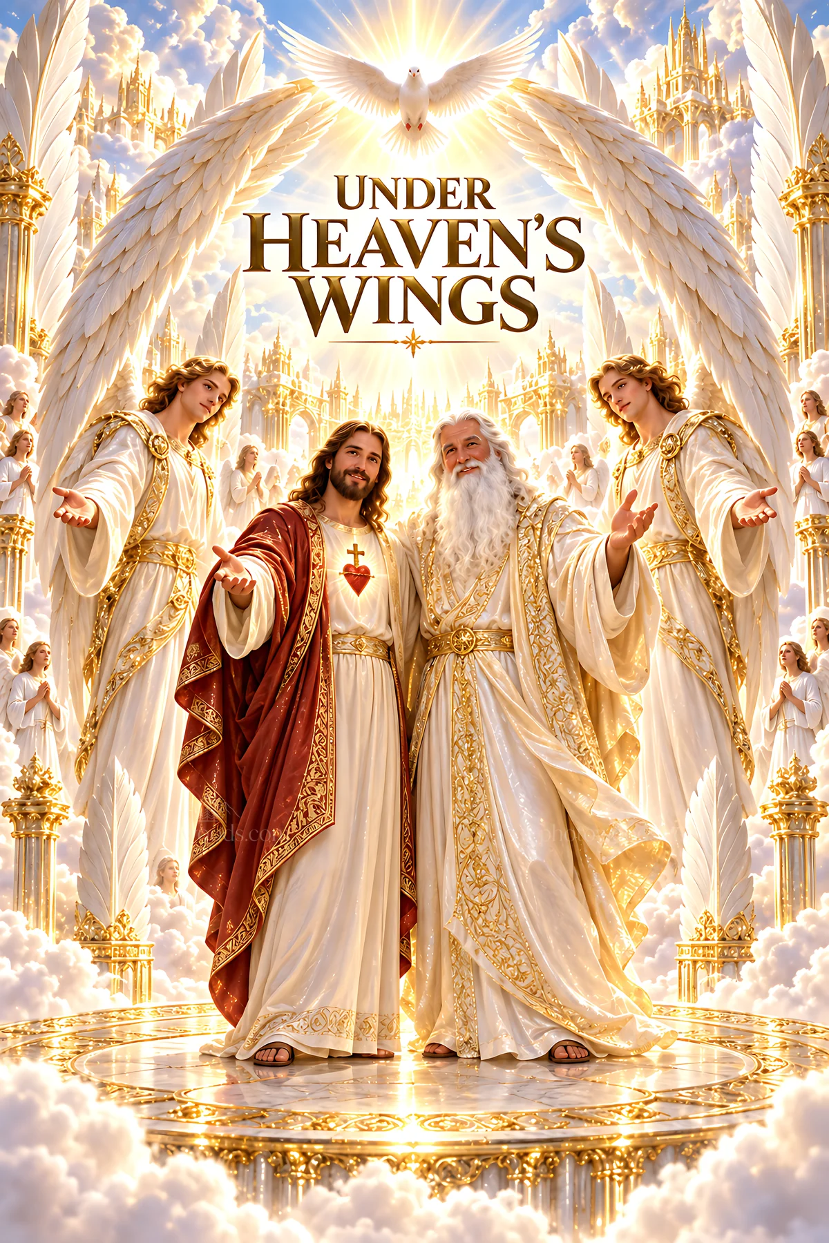 Heavenly beings in a divine scene with light and clouds - AI-generated stock image