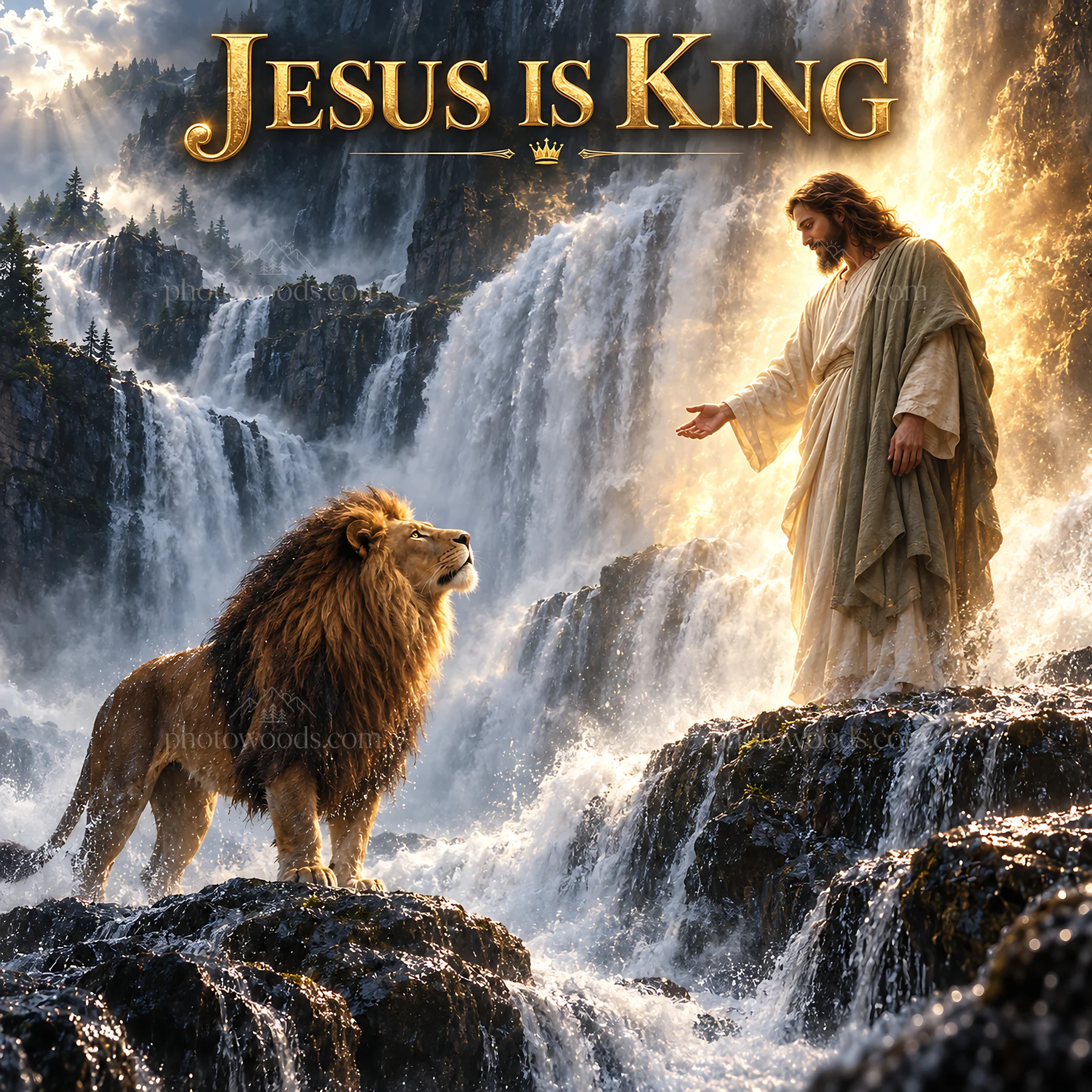 Jesus Christ welcoming a lion in a waterfall setting - AI-generated stock image