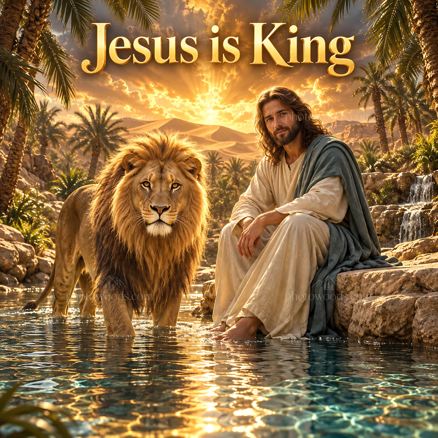 Jesus Christ sitting by a river with a lion - AI-generated stock image