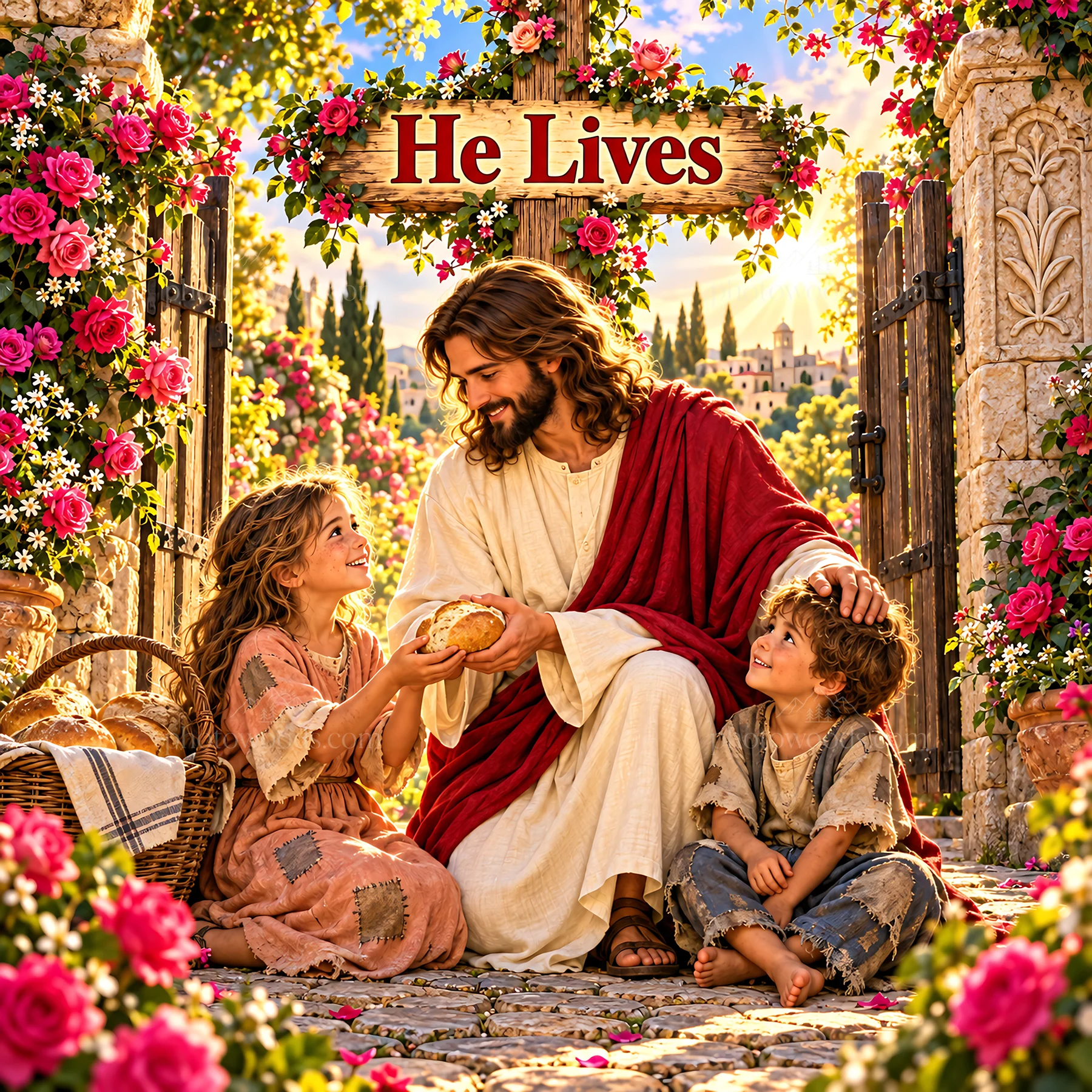 Jesus Christ sharing bread with children in a garden - AI-generated stock image