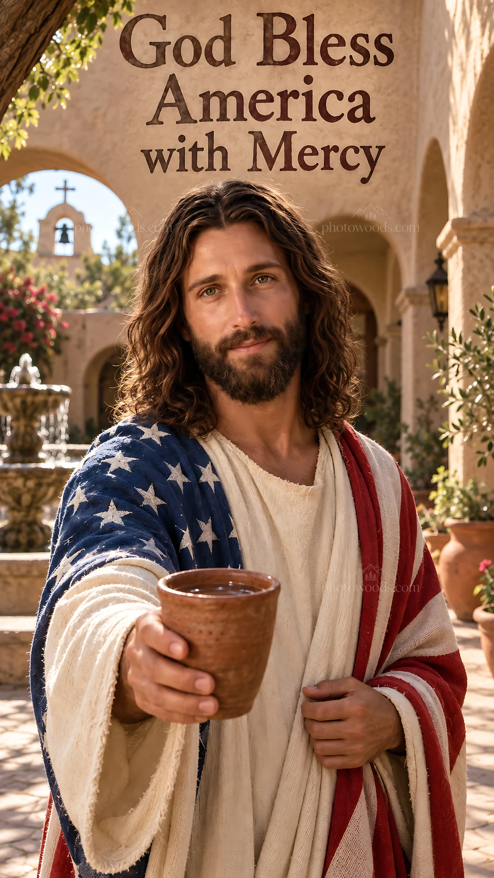 Jesus Christ offering mercy in a U.S. flag robe - AI-generated stock image