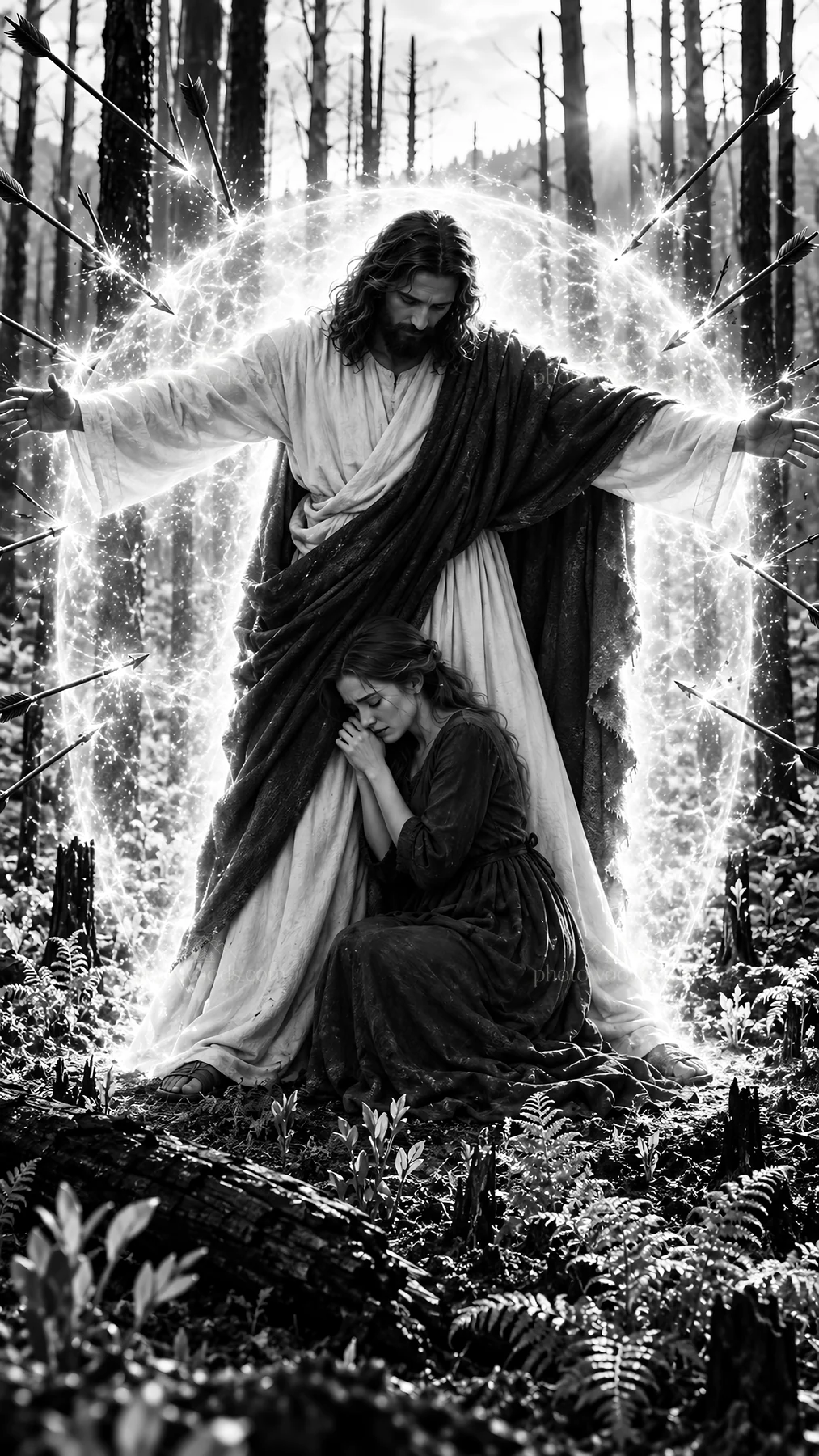Jesus Christ comforts a woman in a forest - AI-generated stock image