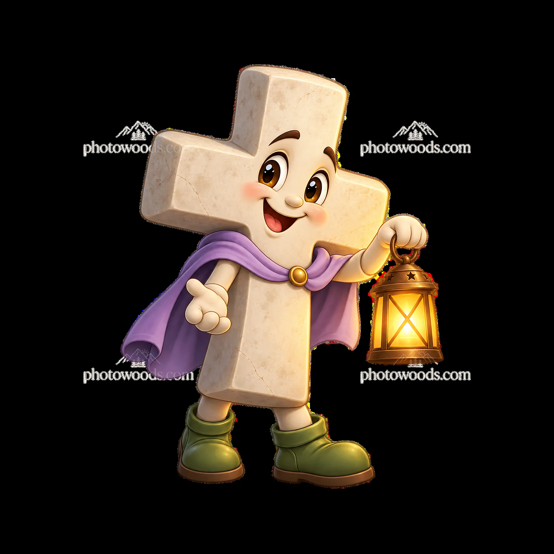 Easter cross character holds lantern with joyful expression - AI-generated stock image