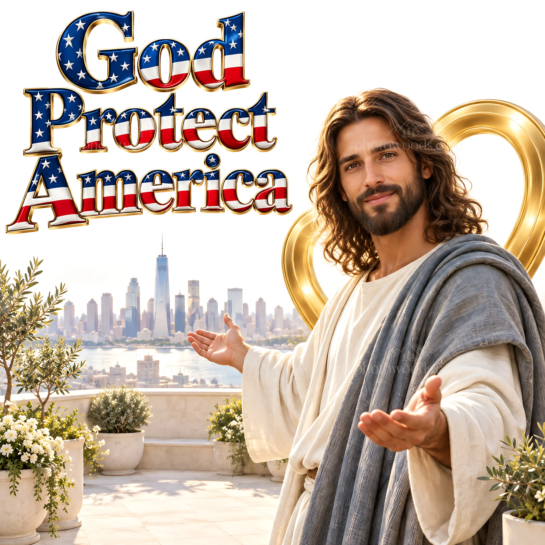 Jesus Christ welcomes viewers in a historic American setting - AI-generated stock image