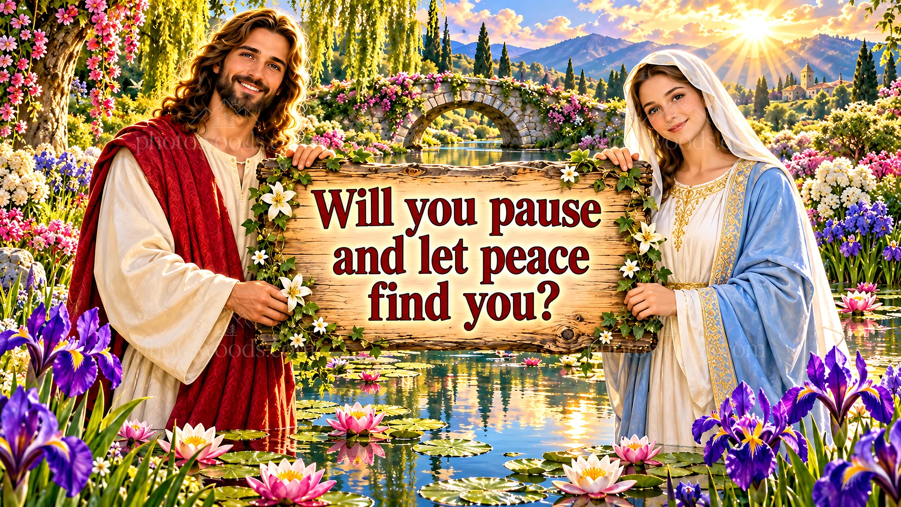 Jesus Christ welcoming viewers with a message of peace - AI-generated stock image