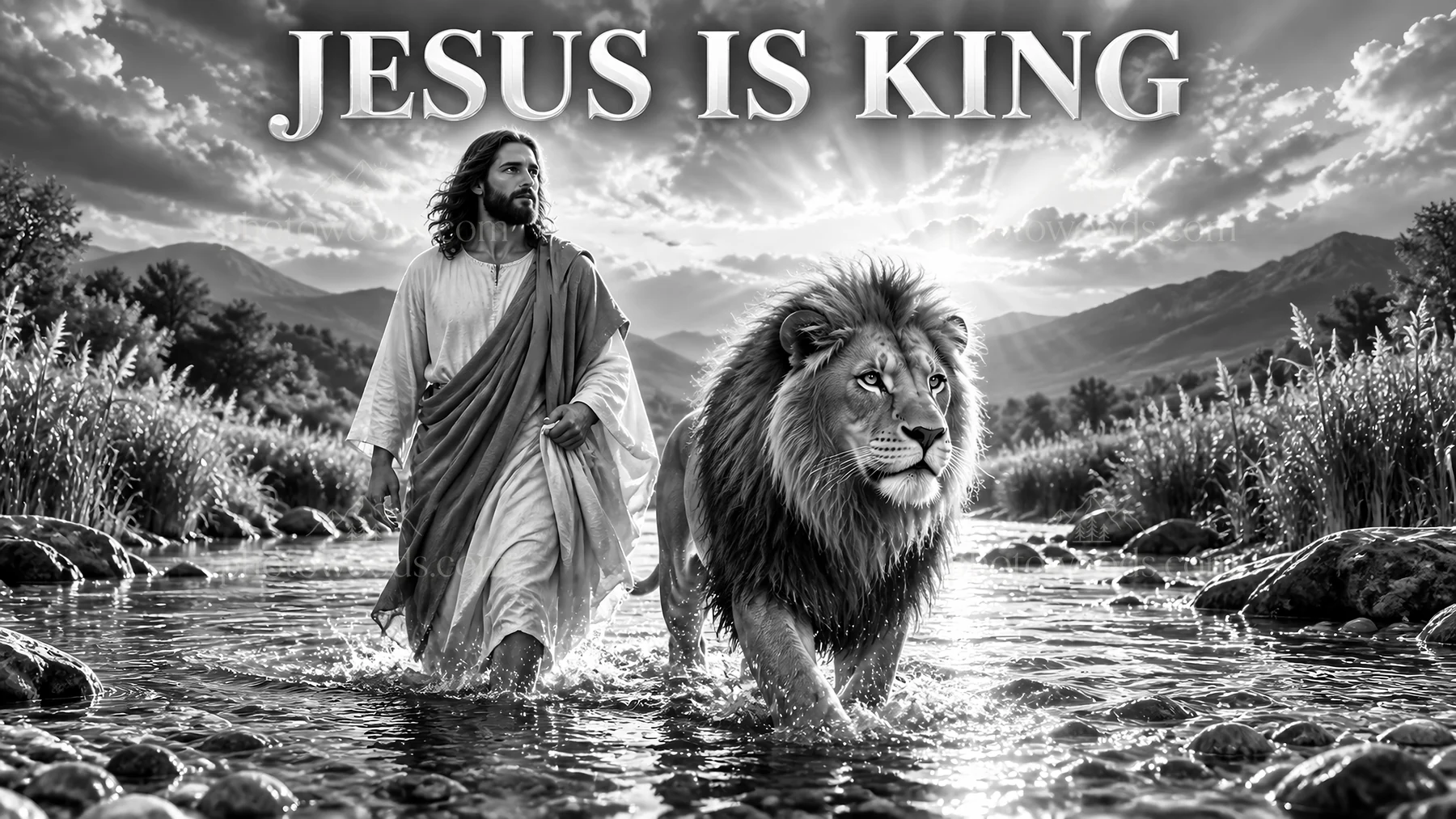 Jesus Christ walking with a lion in a serene landscape - AI-generated stock image