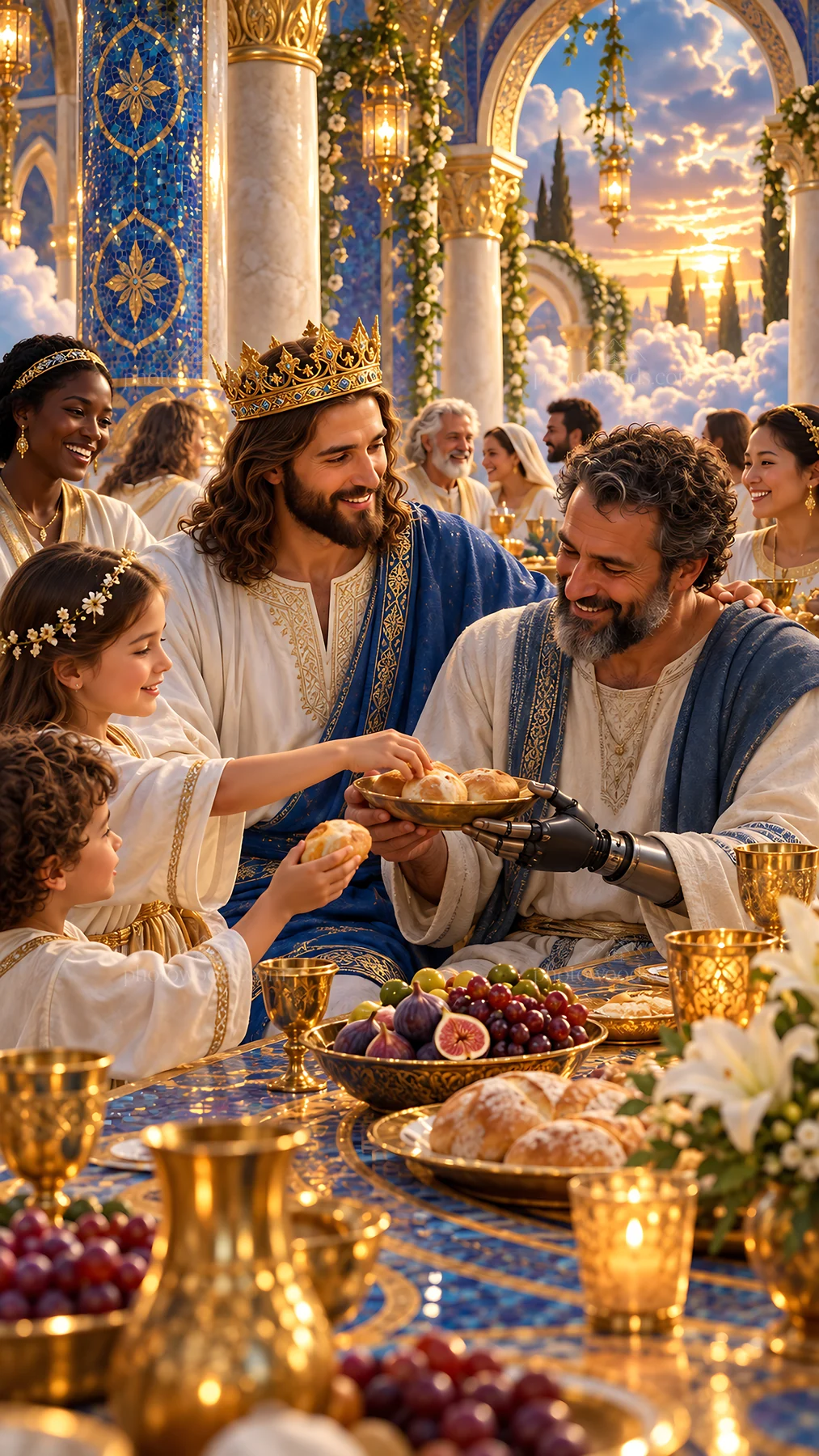 Jesus Christ sharing a meal with people in a joyful setting - AI-generated stock image