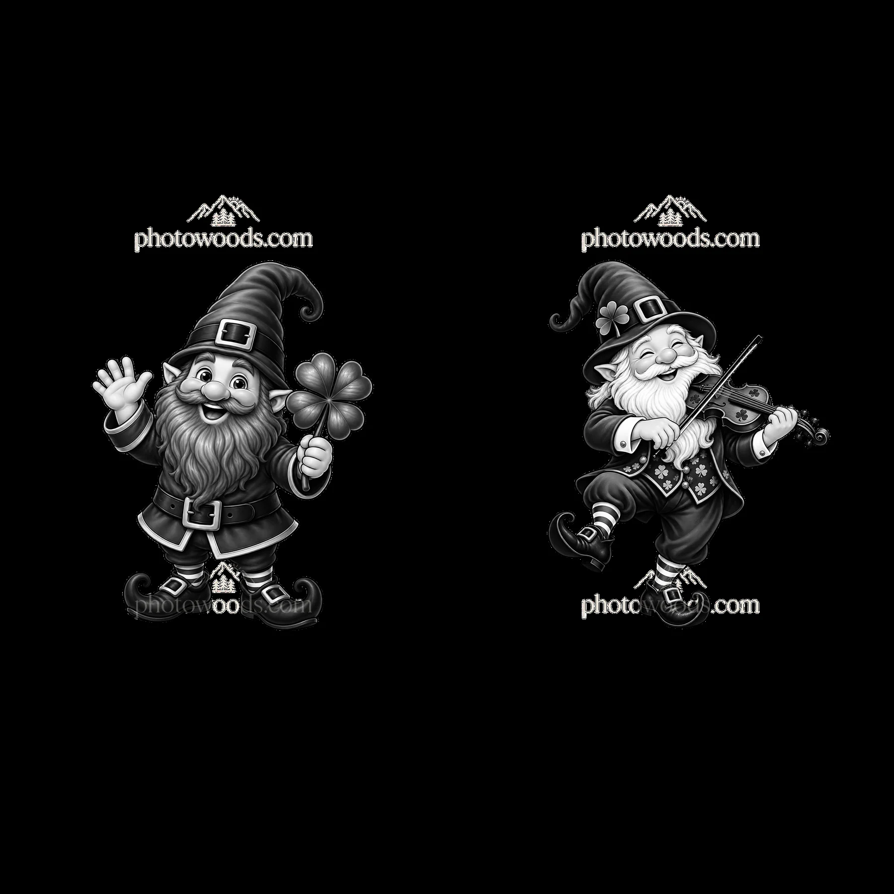 St. Patrick's Day gnomes with shamrock and violin in black and white - AI-generated stock image