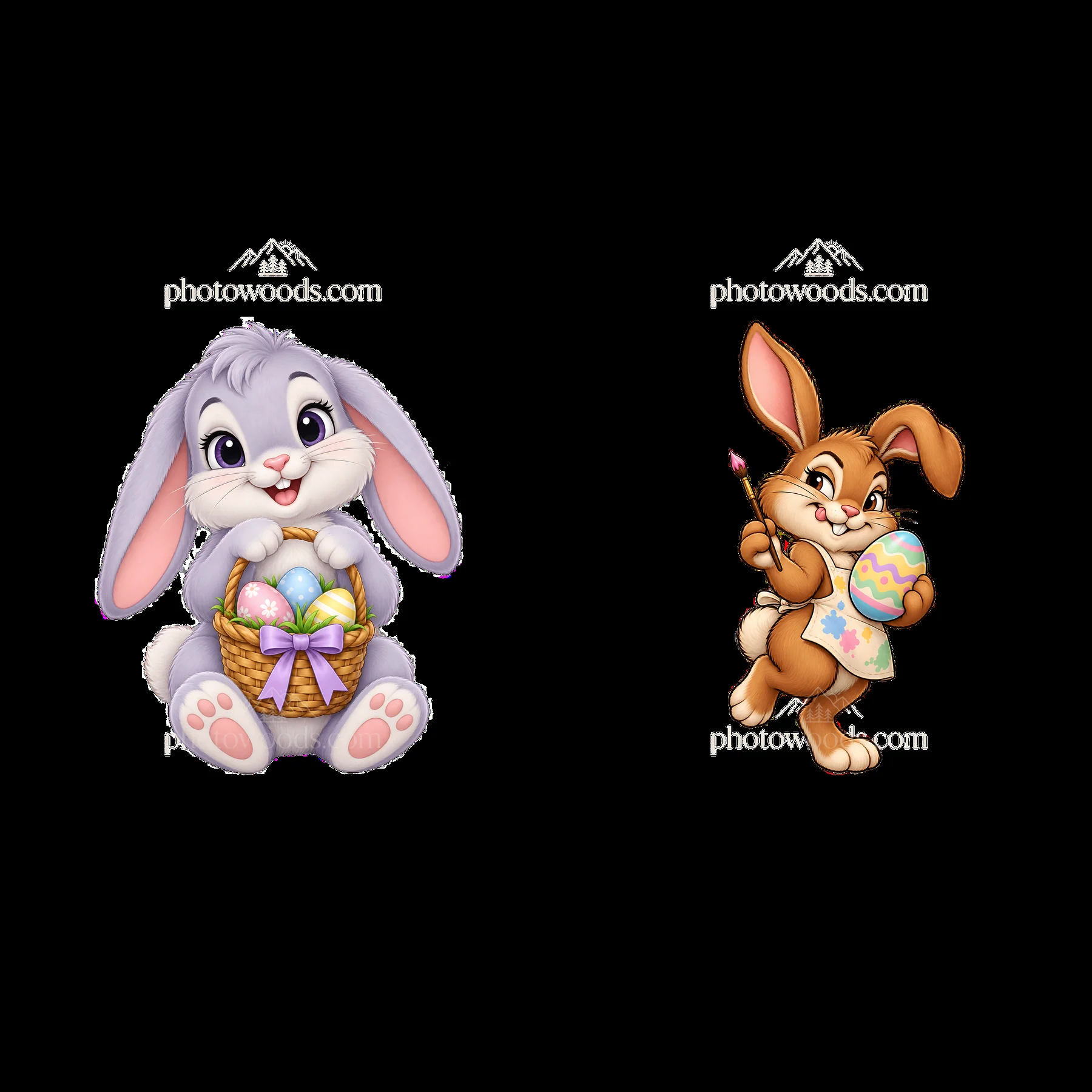 Cartoon Easter bunnies holding decorated eggs in a basket - AI-generated stock image
