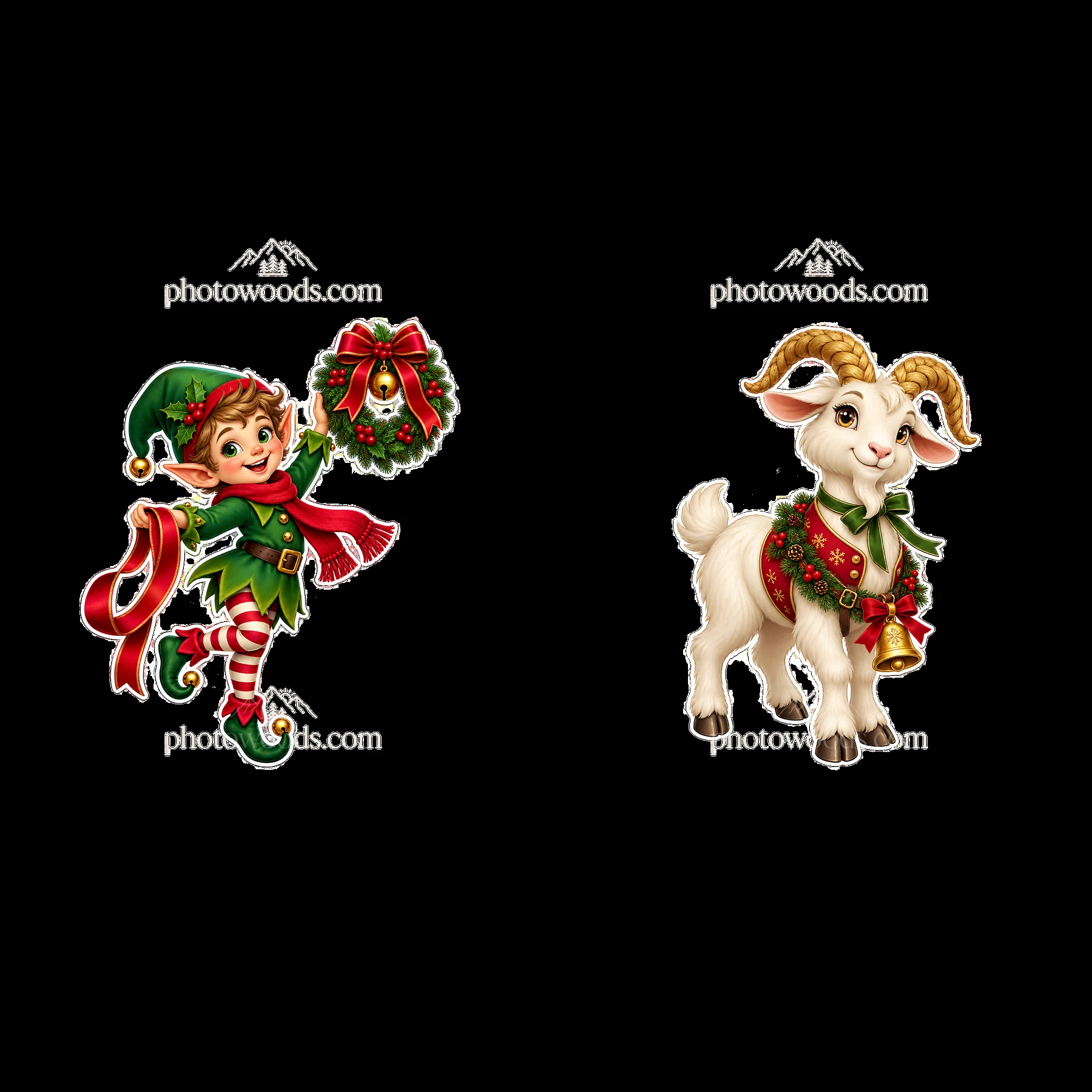 Christmas elf with wreath and goat character with bell - AI-generated stock image