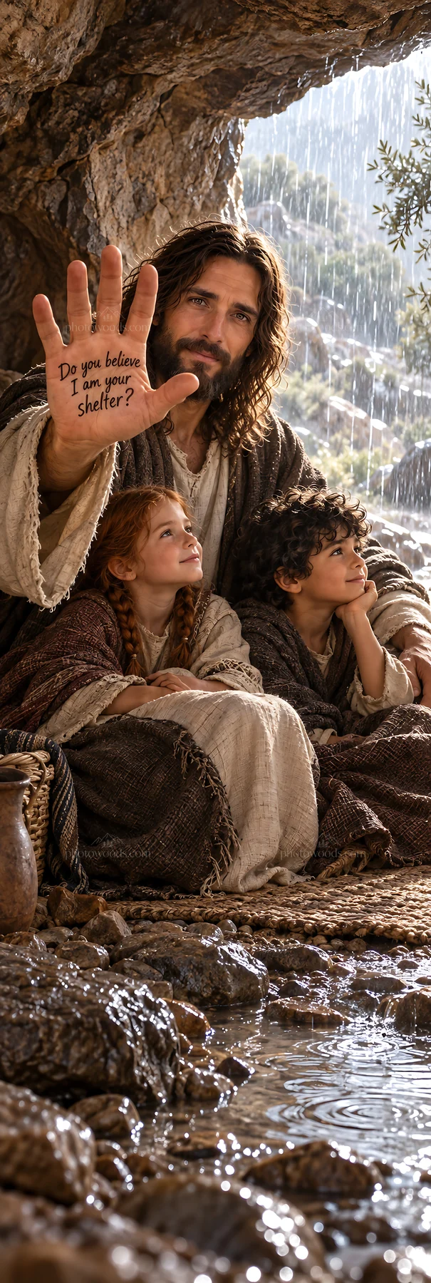 Jesus Christ comforting children in a cave during a rainstorm - AI-generated stock image