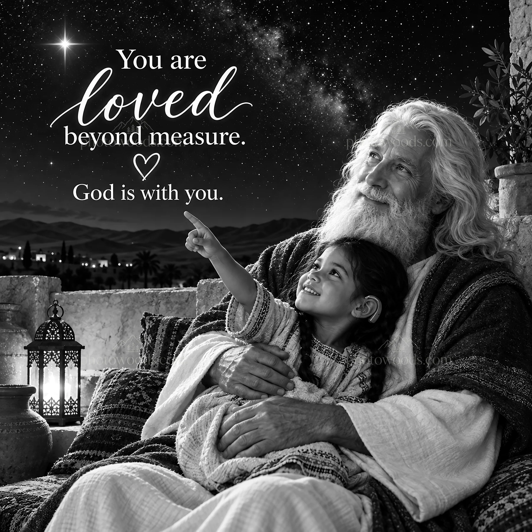 Jesus Christ shares joy and love with a child - AI-generated stock image