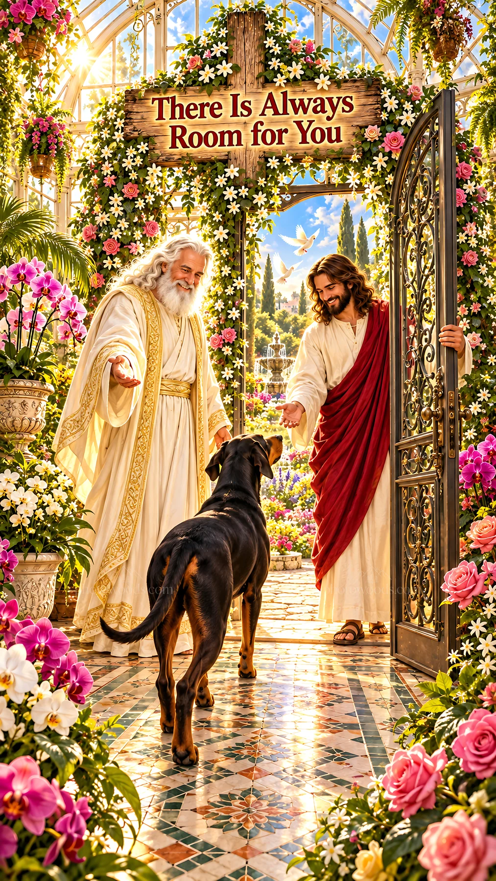 Jesus Christ welcoming a dog in a beautiful garden - AI-generated stock image
