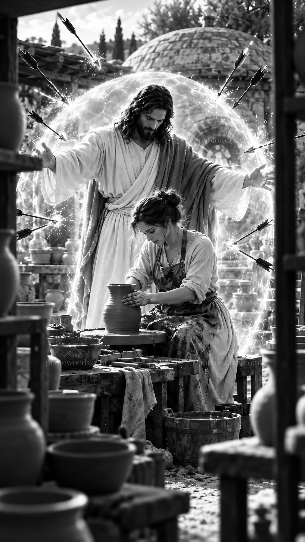 Jesus Christ mentoring a potter at work - AI-generated stock image