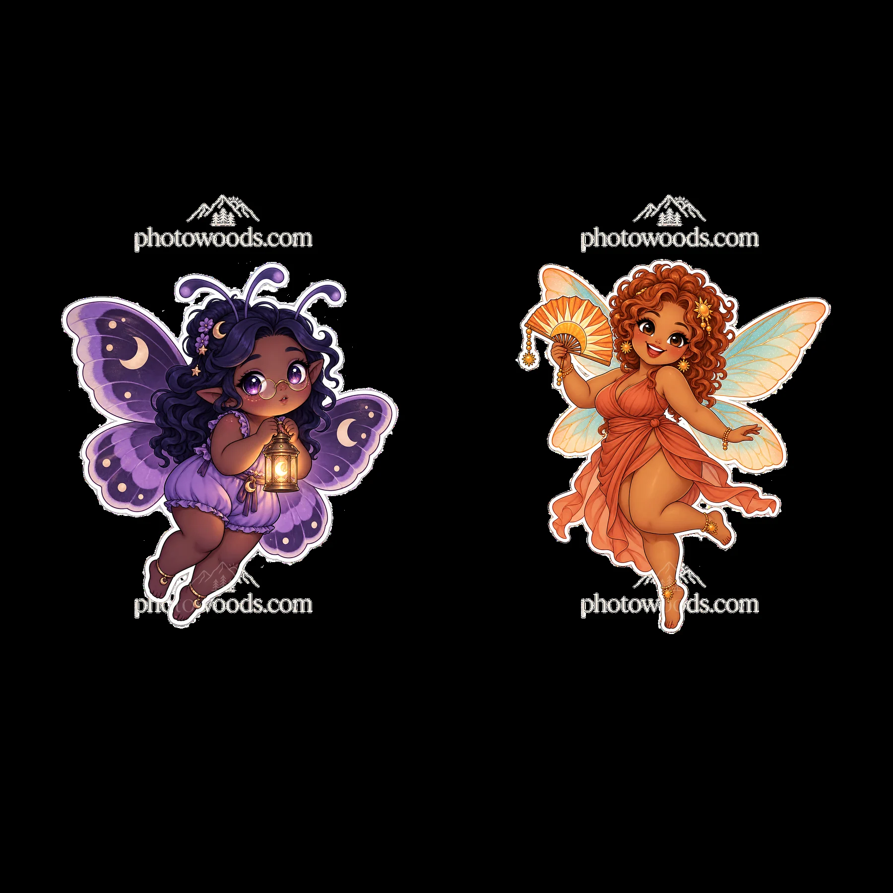 Chubby kawaii fairies holding a lantern and a fan - AI-generated stock image