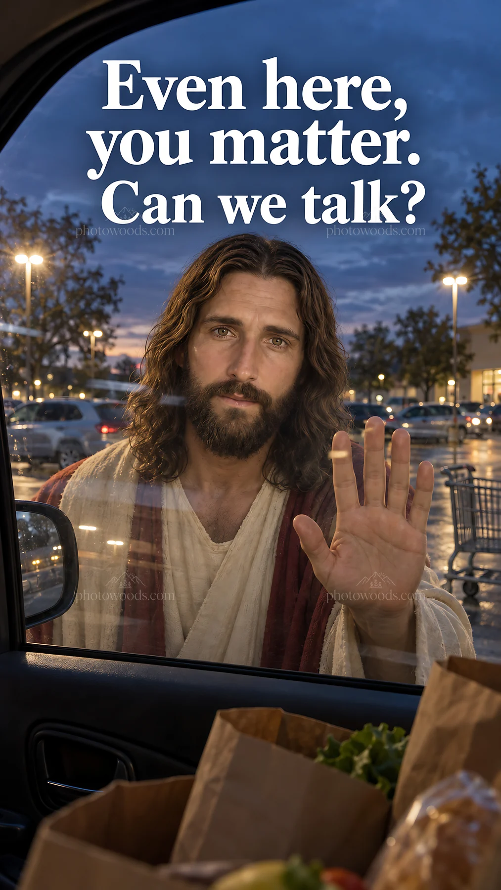 Jesus Christ reaching out with compassion in a modern setting - AI-generated stock image