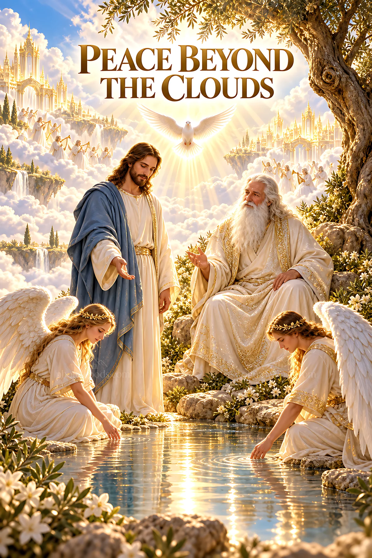 Peace Beyond the Clouds embracing divine figures and angels - AI-generated stock image