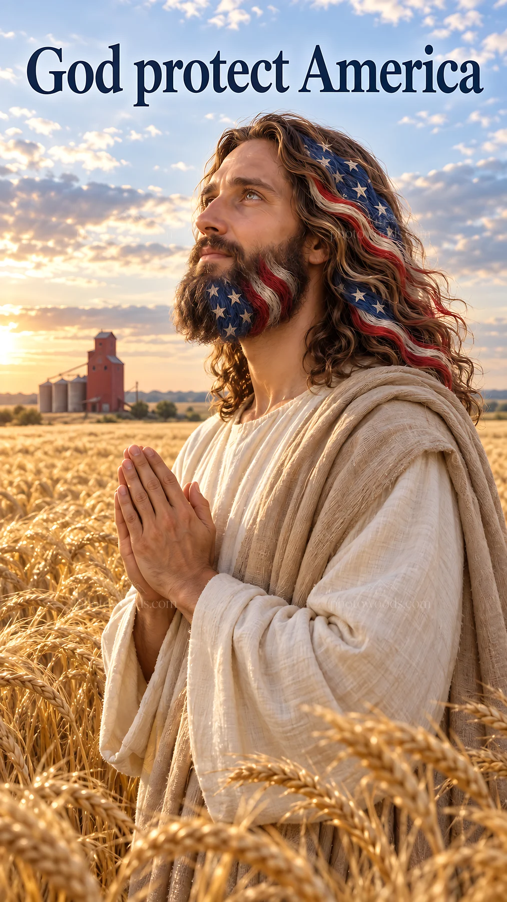 Jesus Christ praying for America in a wheat field - AI-generated stock image