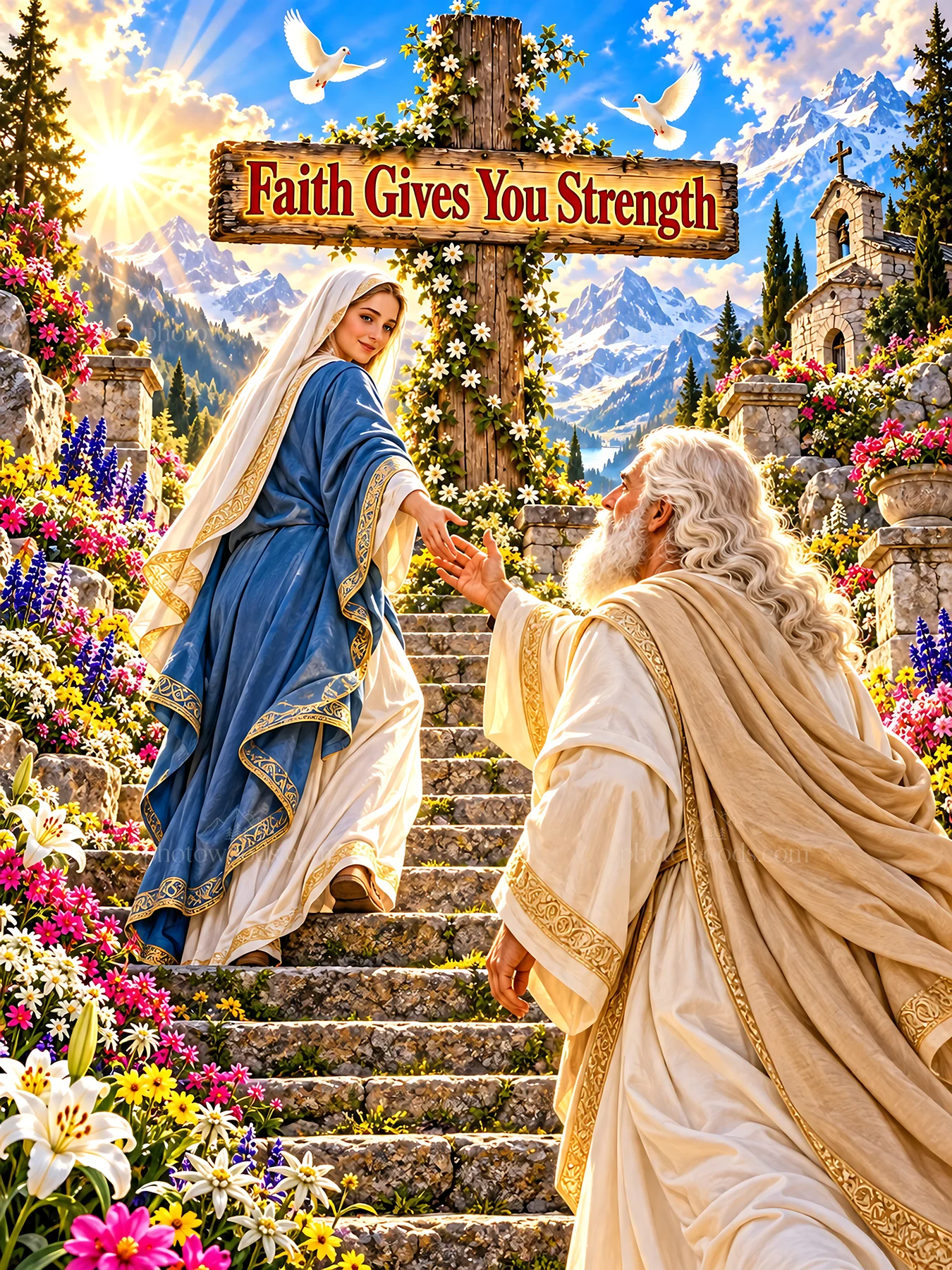 Jesus Christ offering strength in a beautiful garden scene - AI-generated stock image