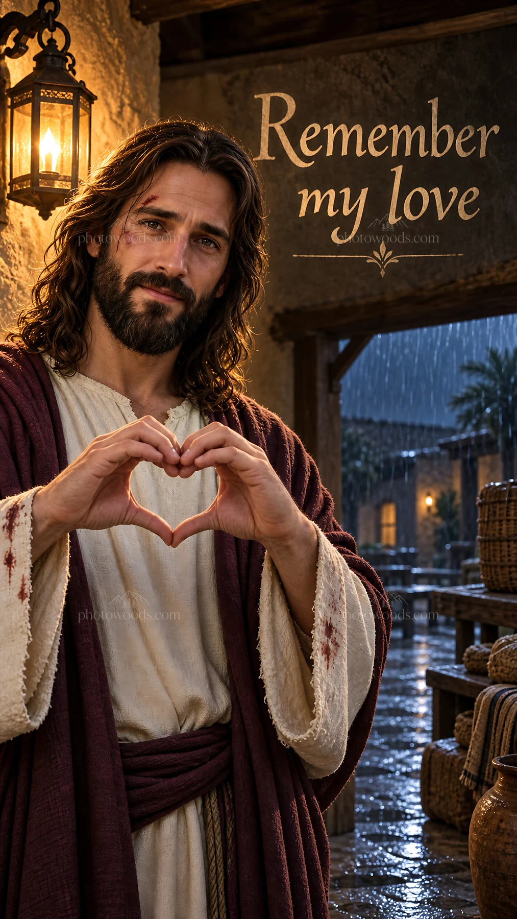 Jesus Christ forms a heart shape with hands while teaching - AI-generated stock image
