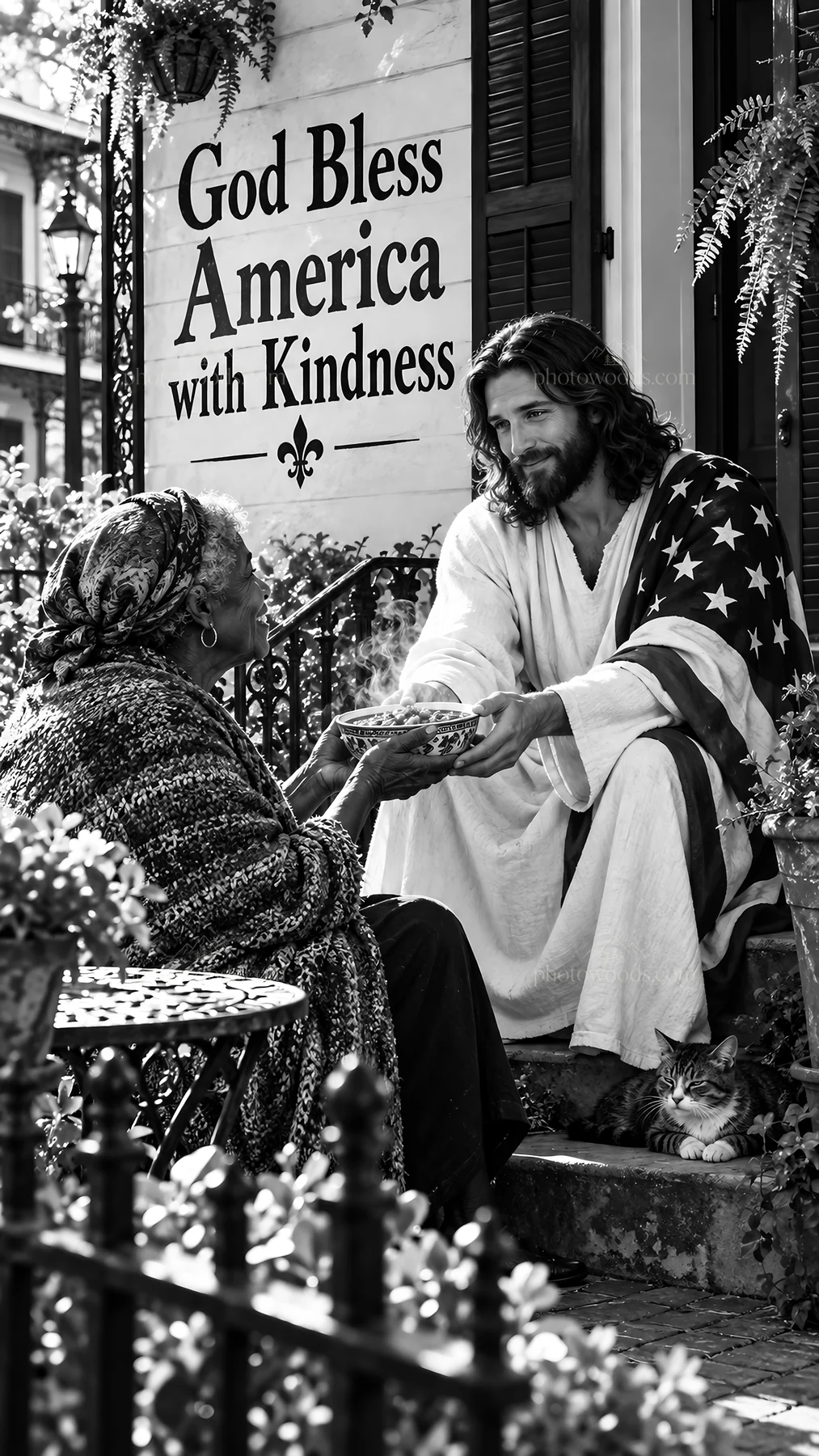 Jesus Christ sharing kindness with a woman in a contemporary setting - AI-generated stock image