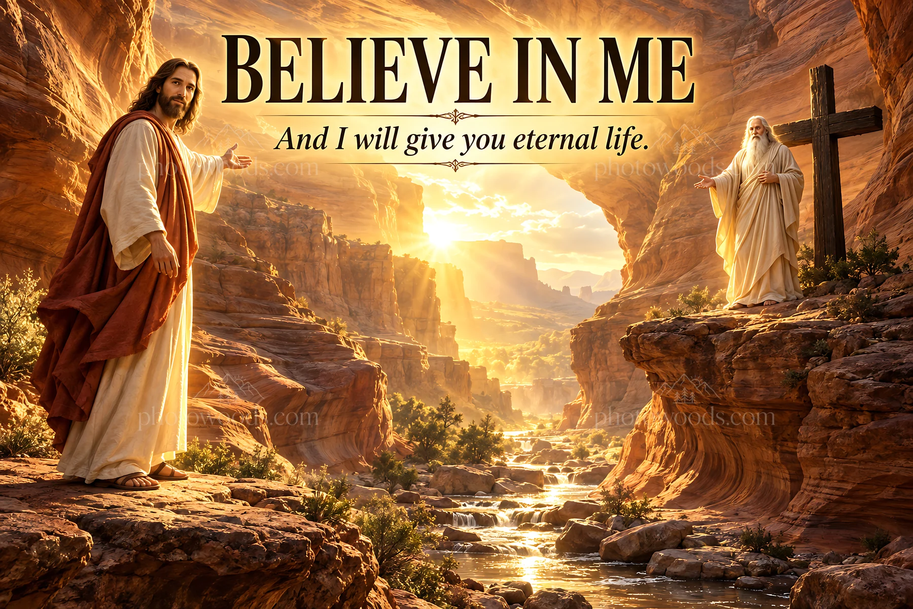 Jesus Christ inviting believers towards eternal life in nature - AI-generated stock image