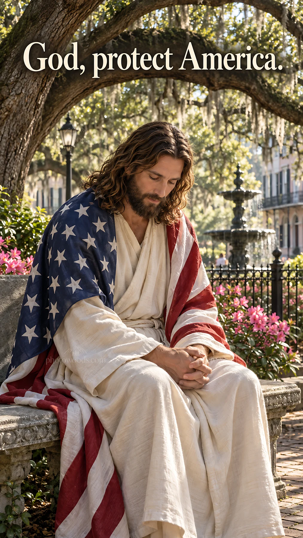 Jesus Christ praying for America in a peaceful setting - AI-generated stock image