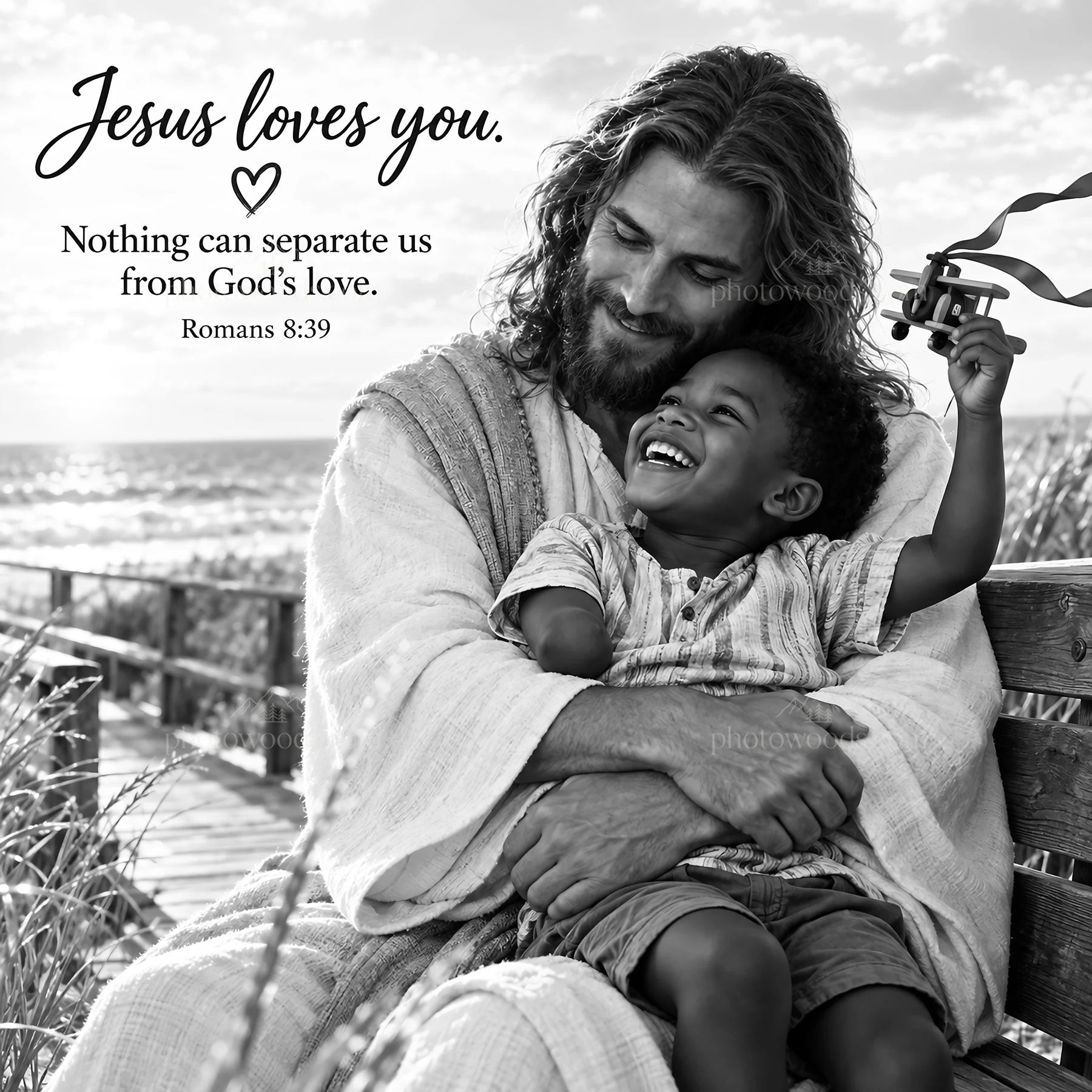 Jesus Christ shares joy with a child on a beach path - AI-generated stock image