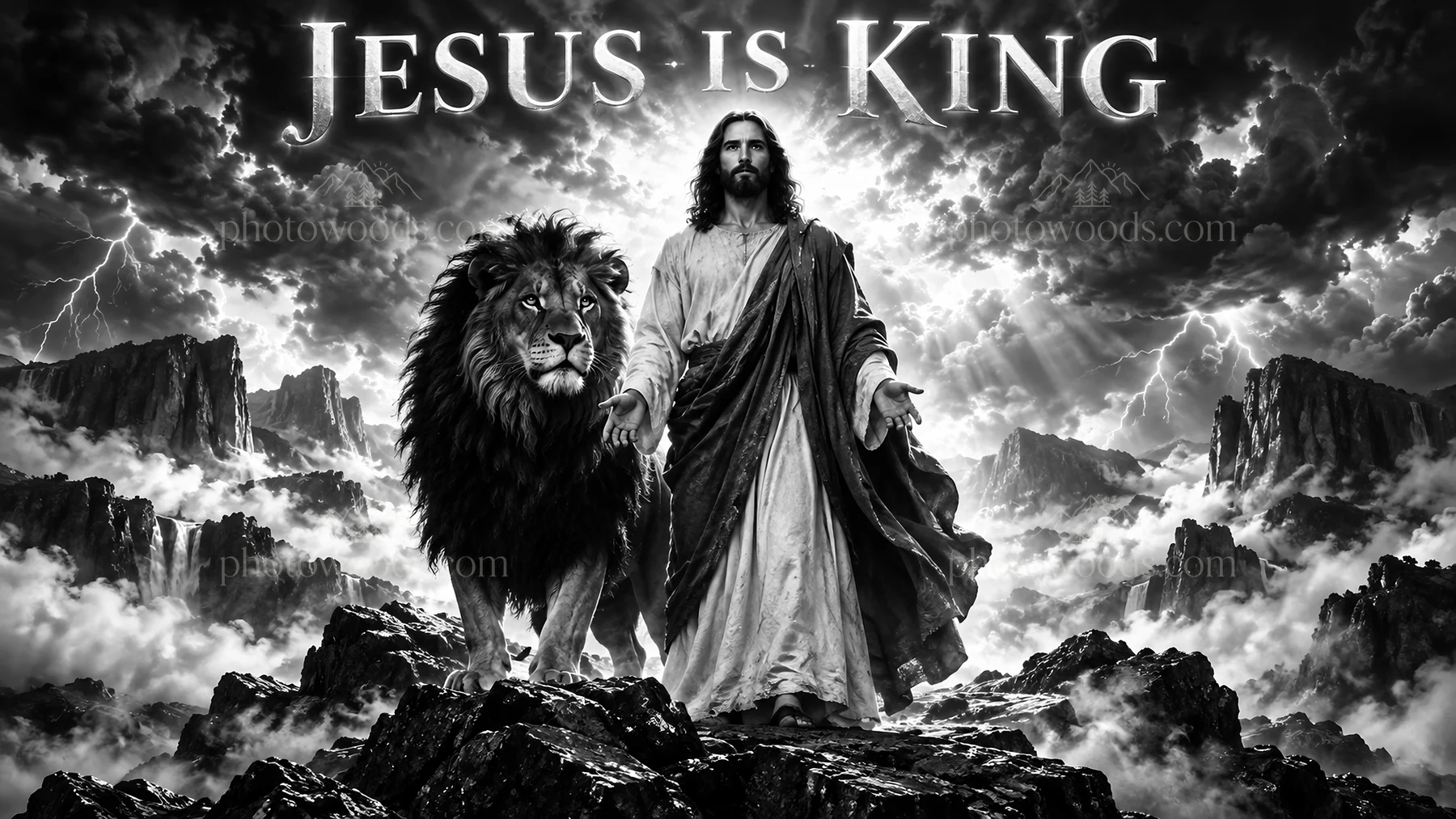 Jesus Christ with a lion in a dramatic landscape - AI-generated stock image