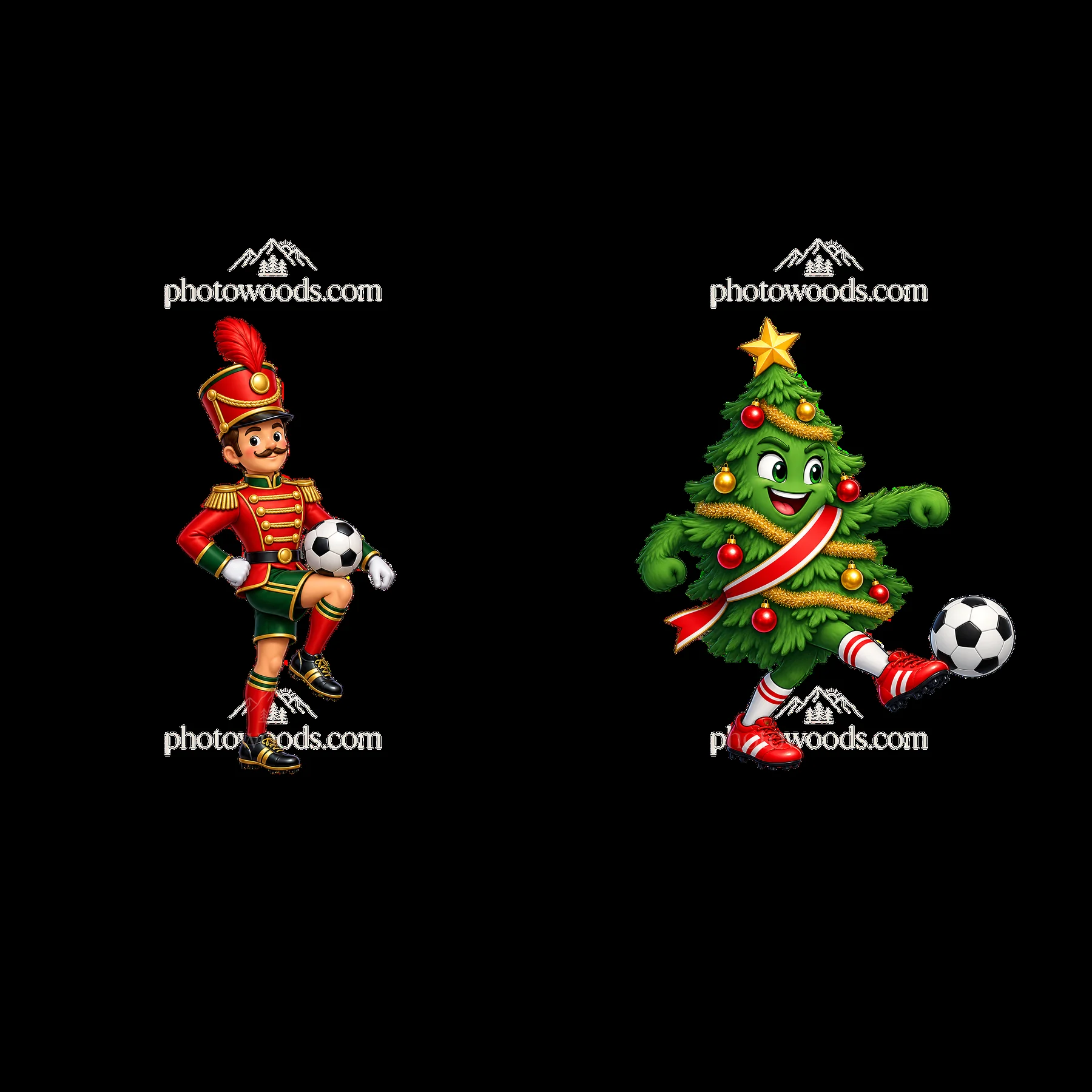 Christmas soldier and soccer tree character playing with a ball - AI-generated stock image