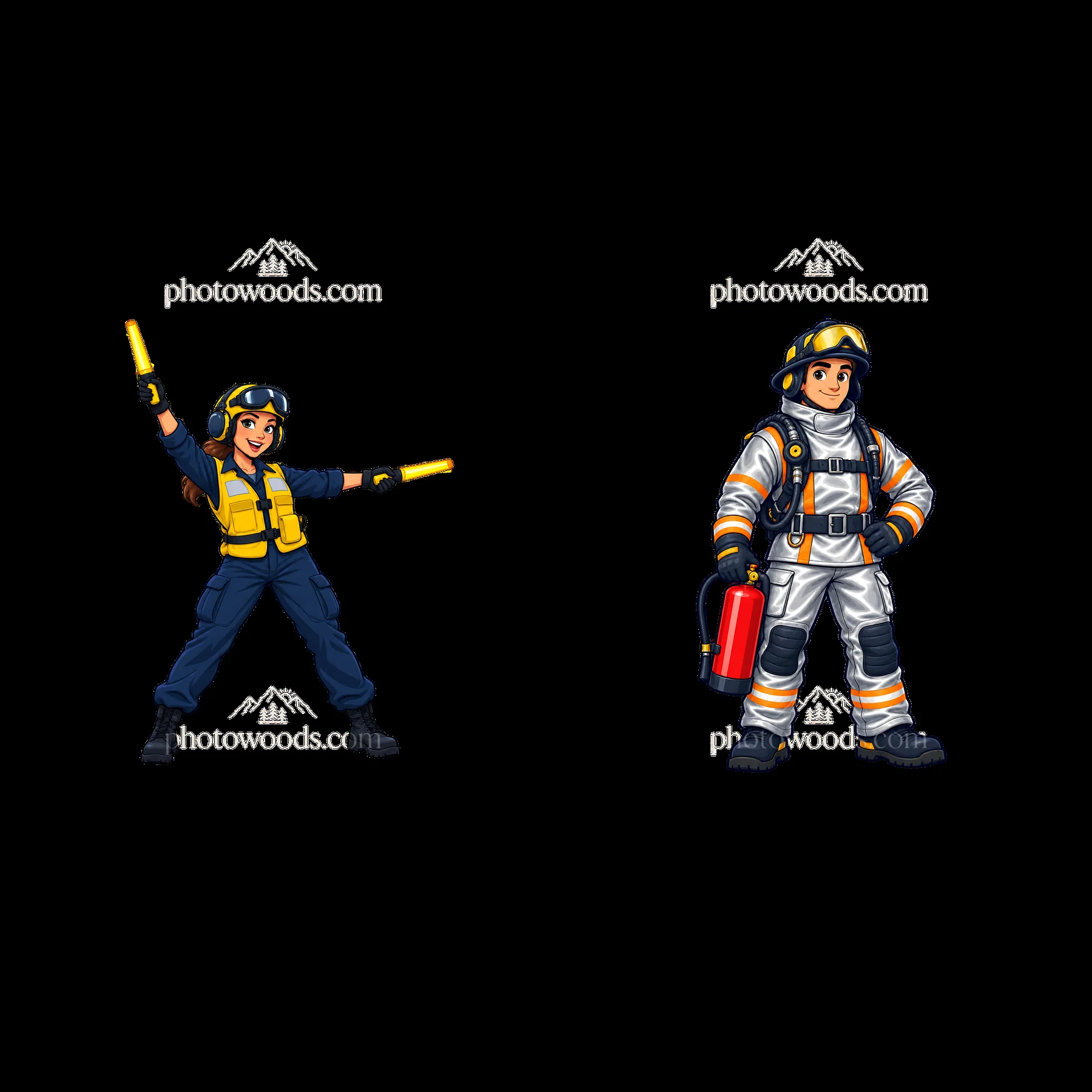 Aircraft carrier team members with fire extinguisher and wands - AI-generated stock image