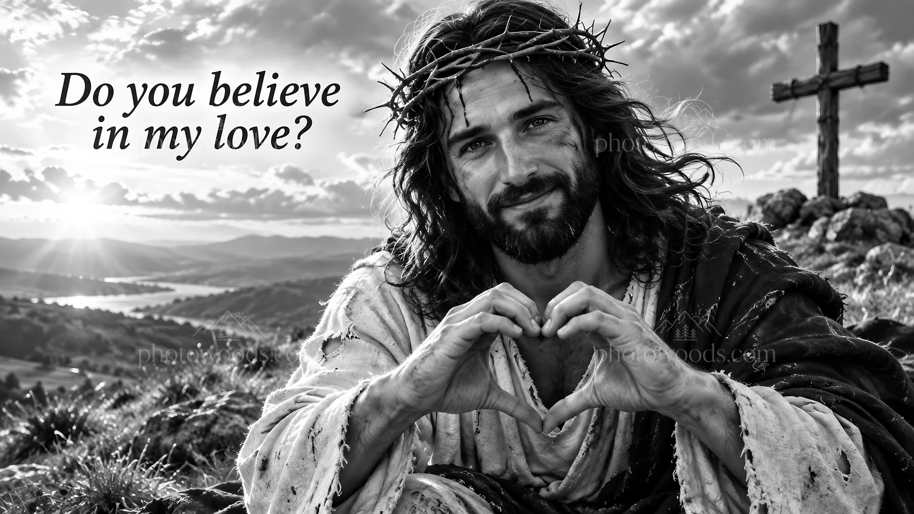 Jesus Christ making a heart shape with his hands - AI-generated stock image