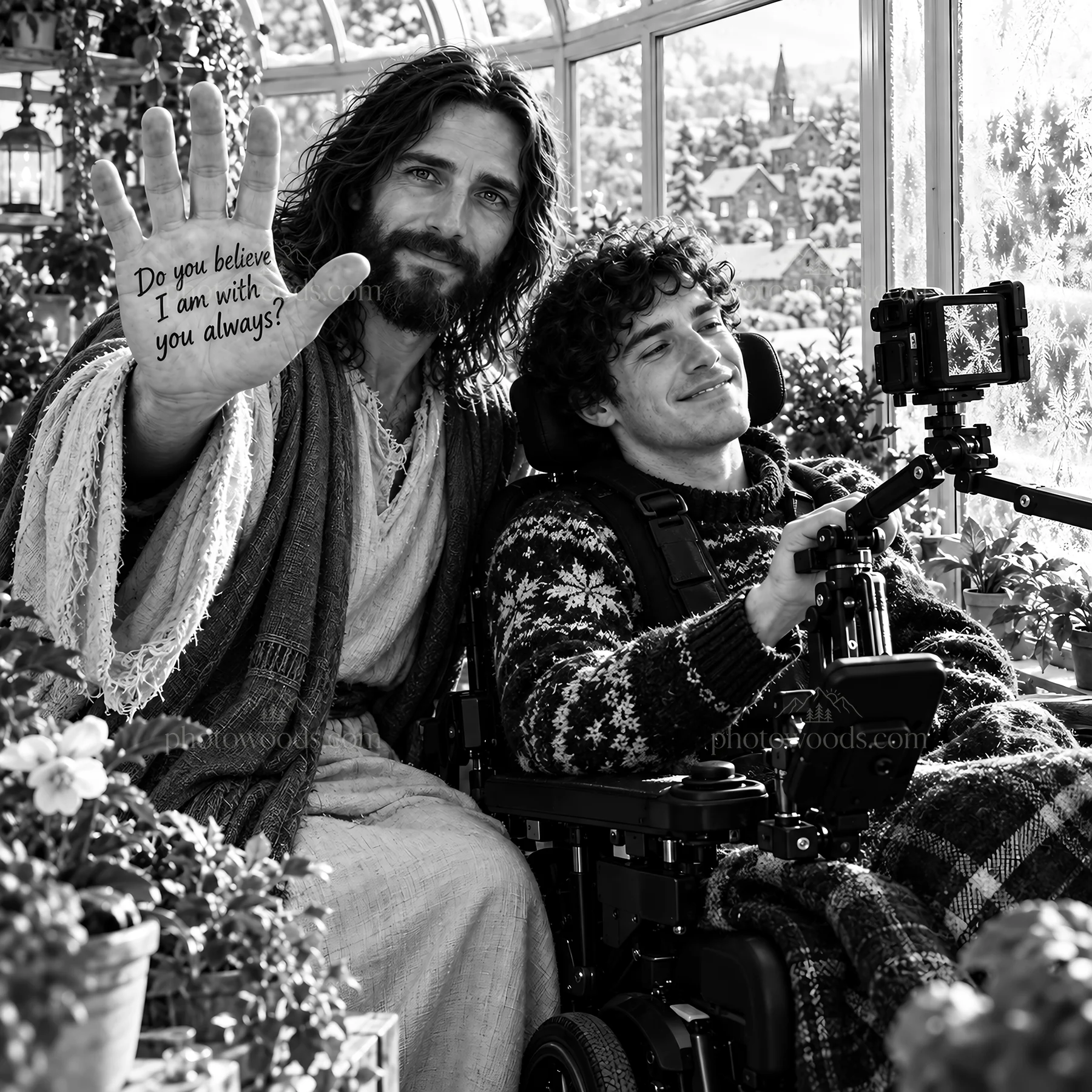 Jesus Christ comforting a person in a contemporary setting - AI-generated stock image