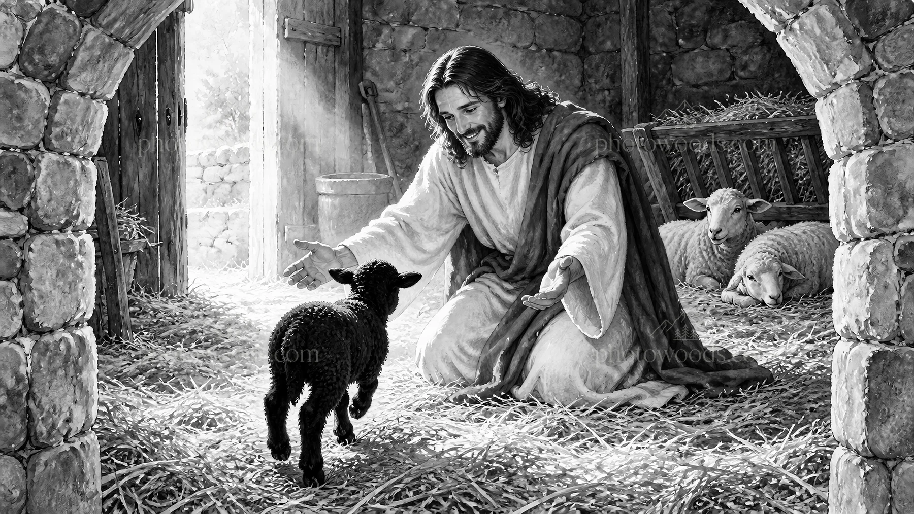 Jesus Christ welcoming a lamb in a rustic stable - AI-generated stock image