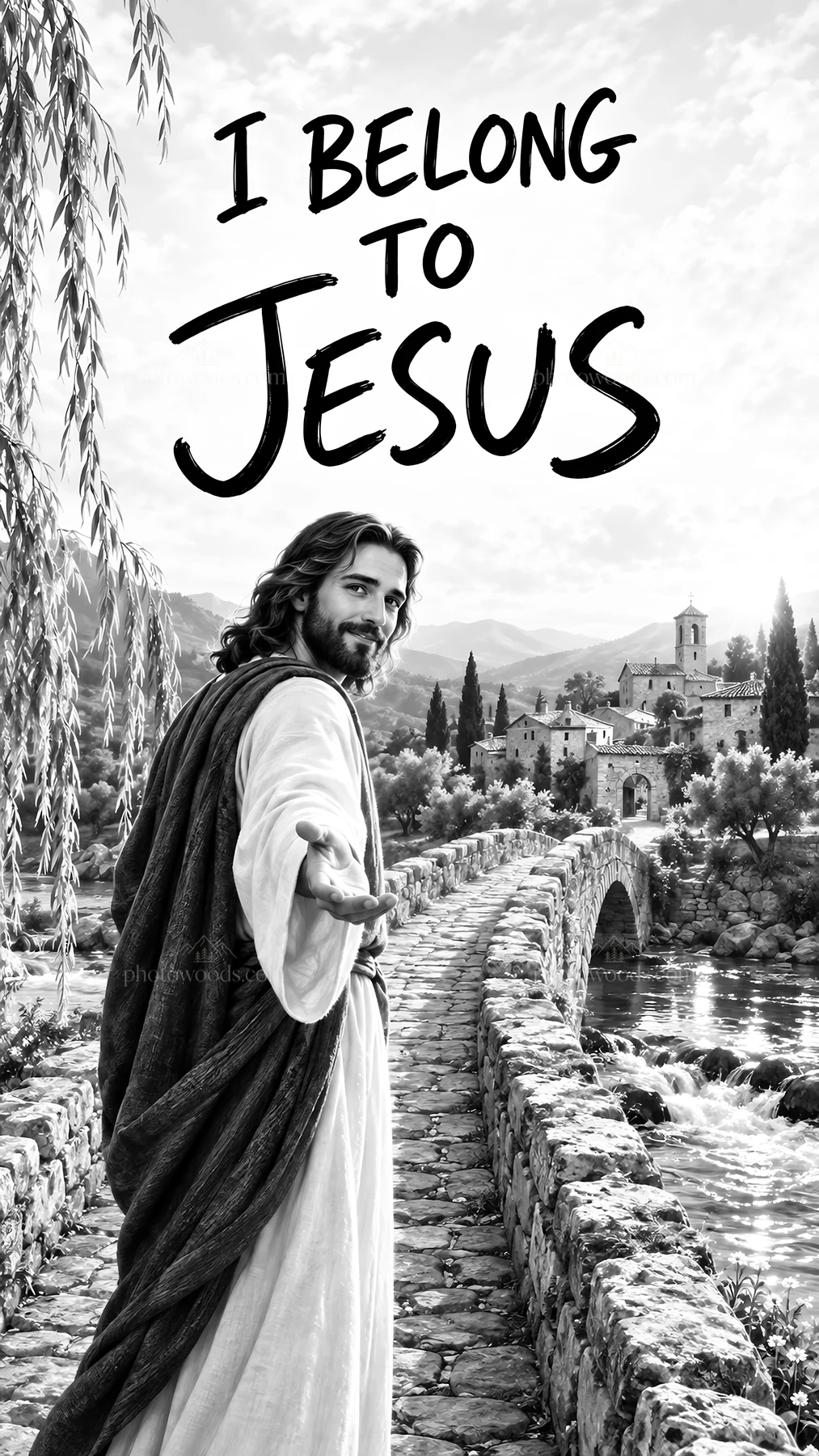 Jesus Christ welcomes with open arms by a peaceful river - AI-generated stock image