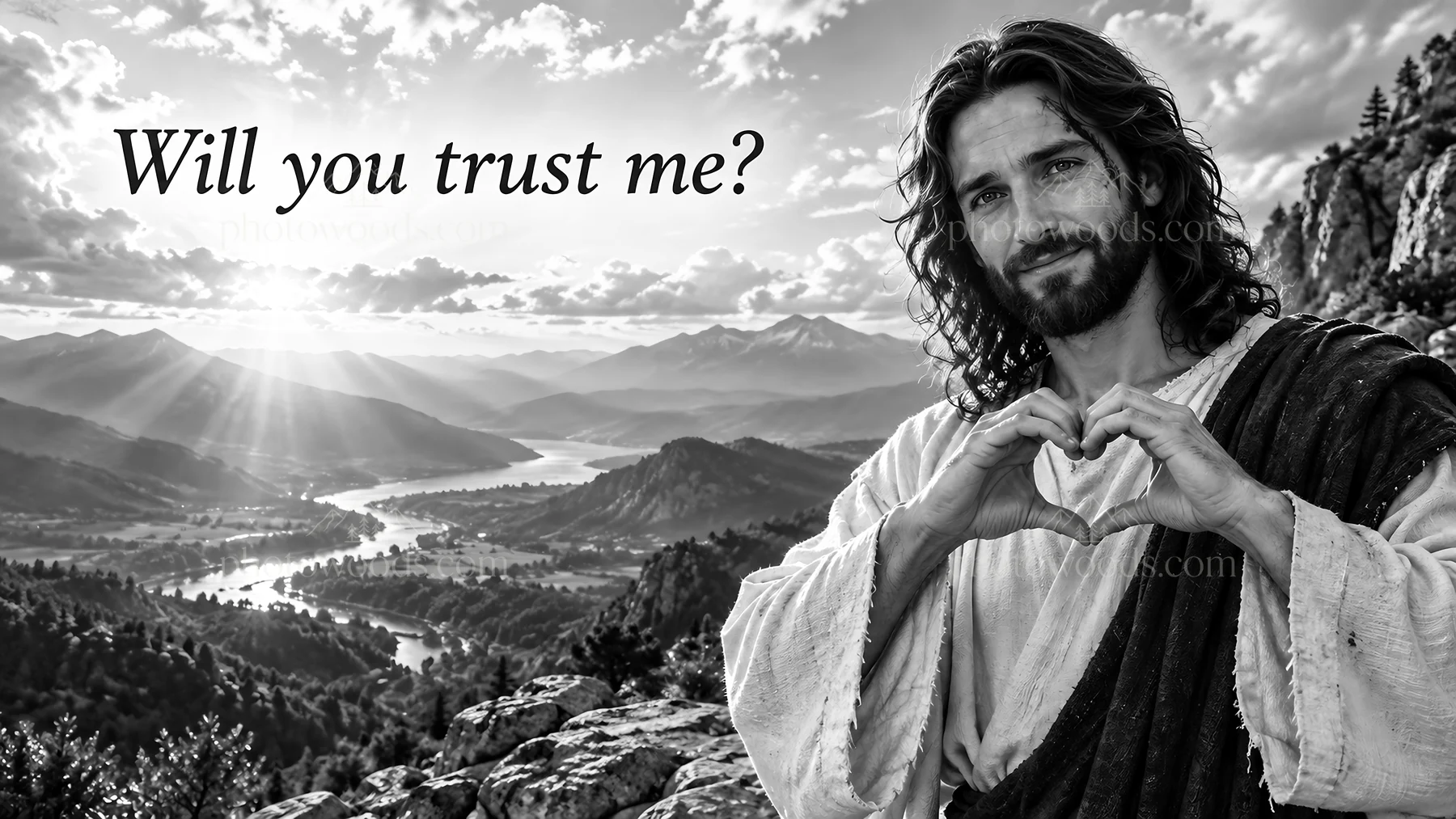 Jesus Christ invites trust in a scenic landscape - AI-generated stock image