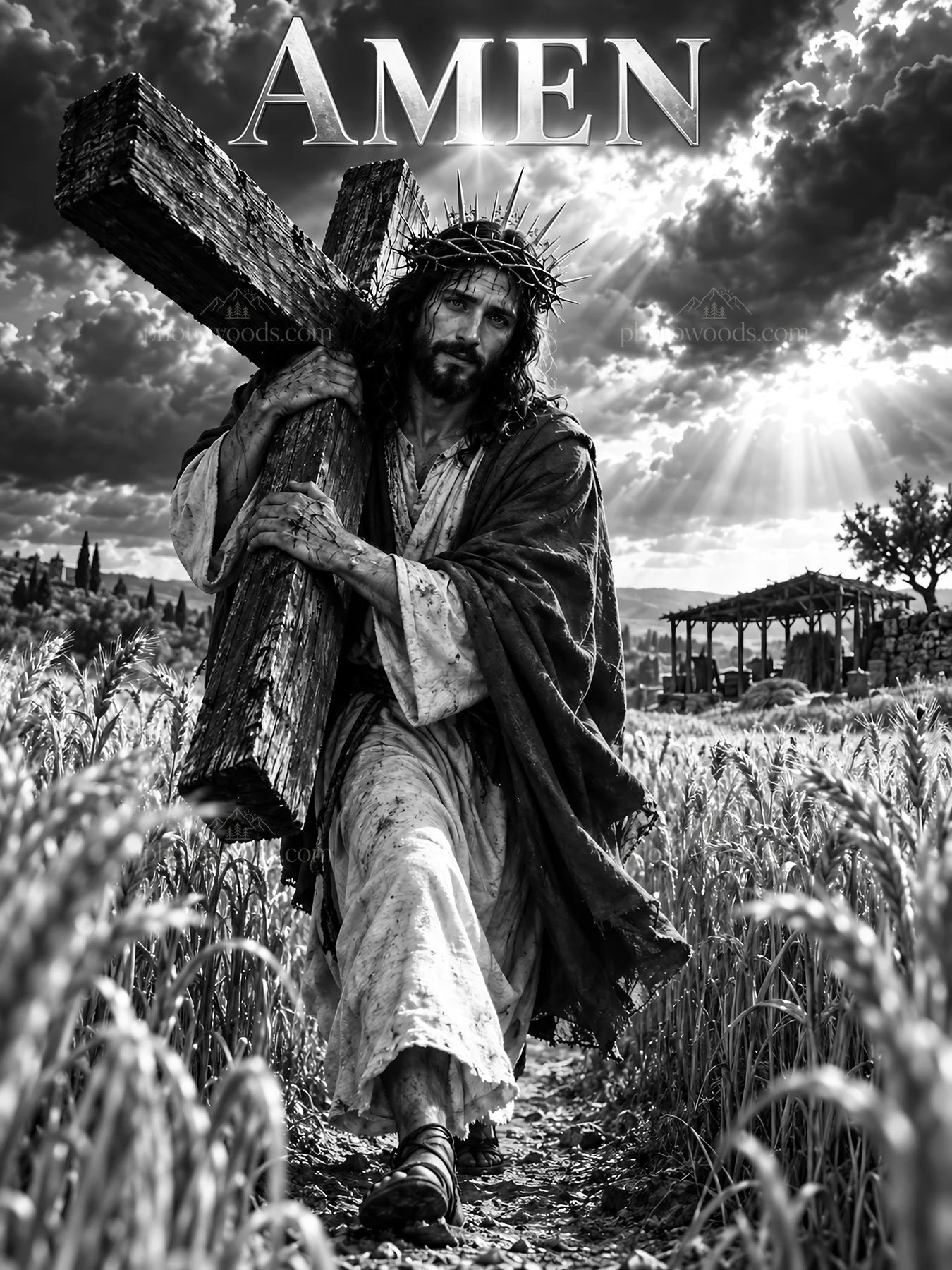 Jesus Christ carrying a cross through a field - AI-generated stock image